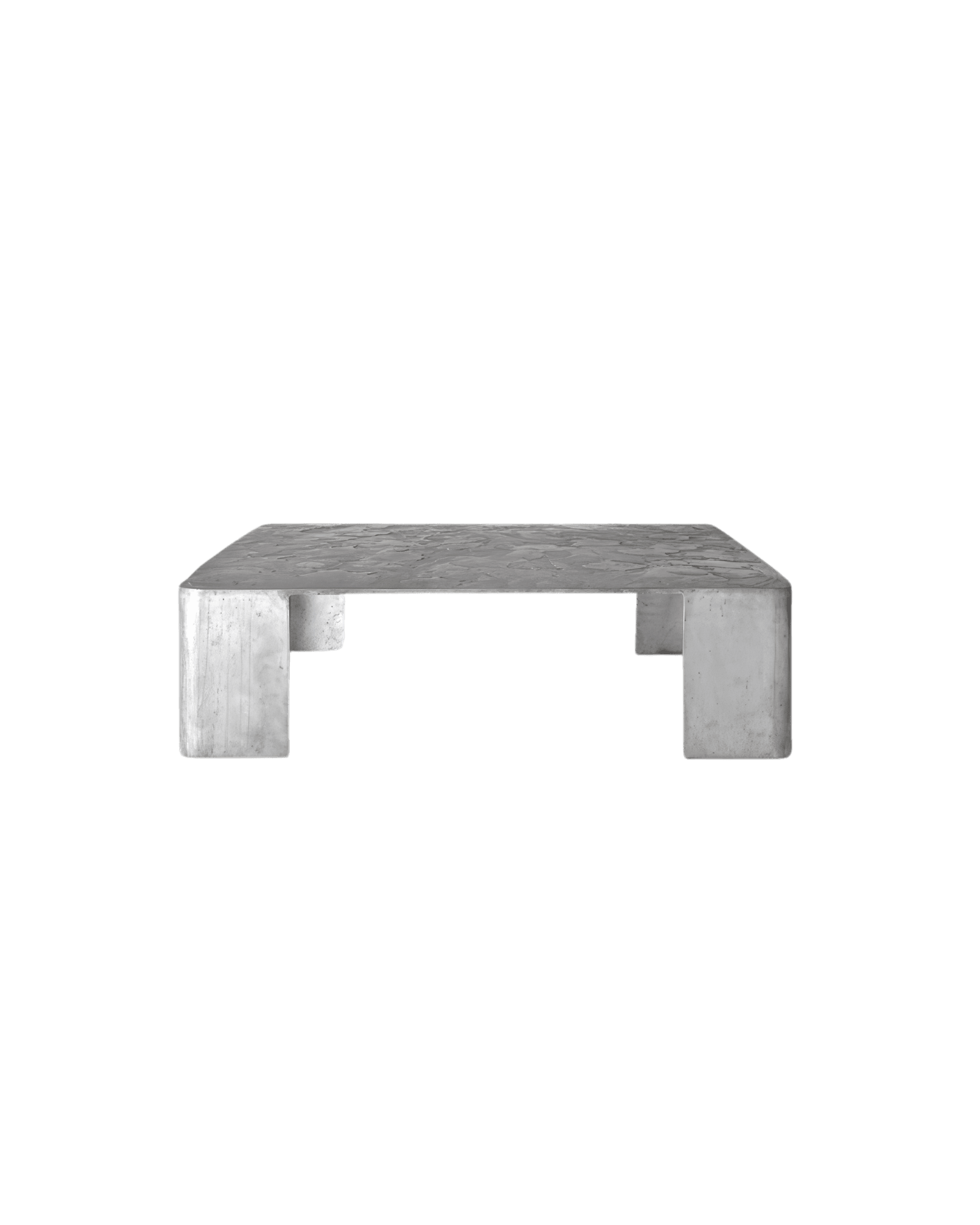 Paulín coffee table by OHLA Studio – cast aluminium, monolithic slab form with U-shaped legs, textured surface