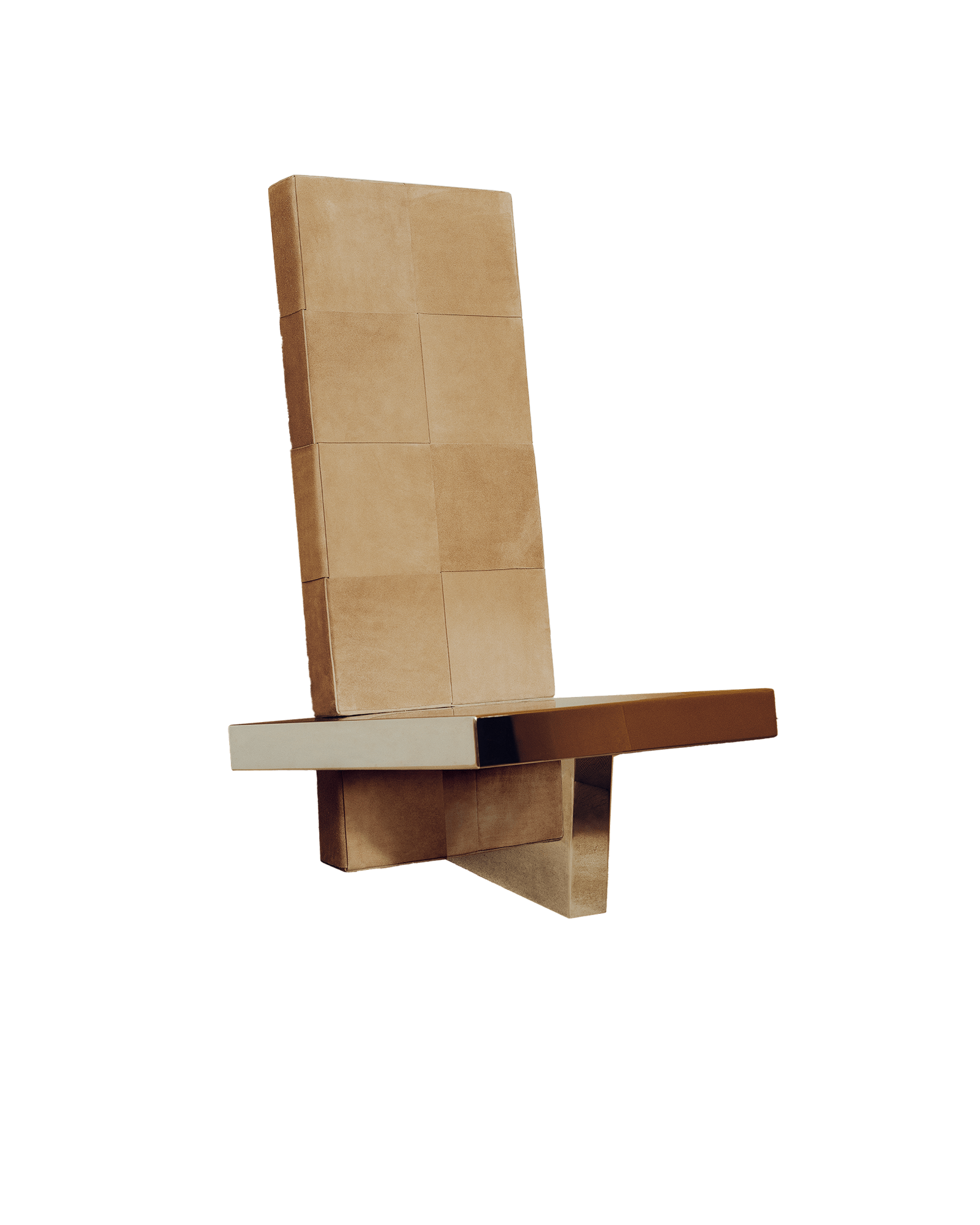 Culebra Cathedra lounge chair with tall inclined tan textile backrest and gold-silver metal base by Cobalto Studio