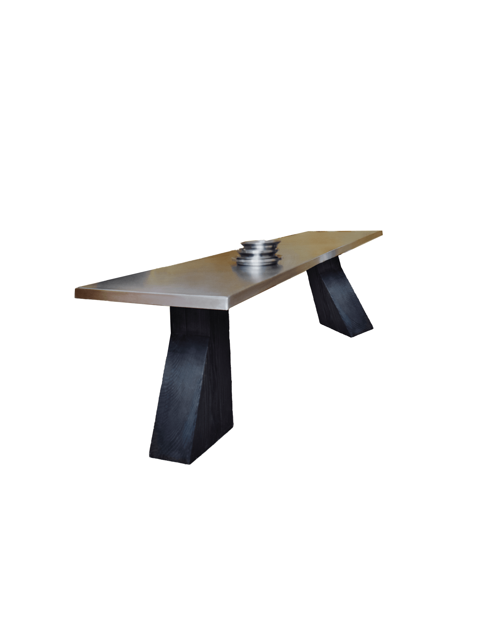 Culebra Tabula table with brushed metal top on sculptural dark angled wood bases by Cobalto Studio