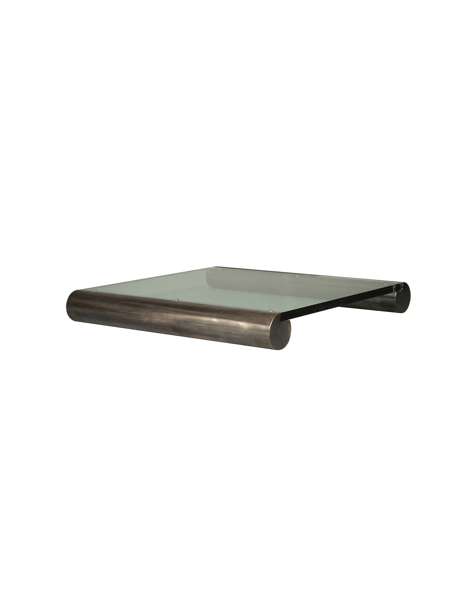 Rectangular glass coffee table on burnished dark metal cylindrical supports, Drop 01 by Interni Venosta