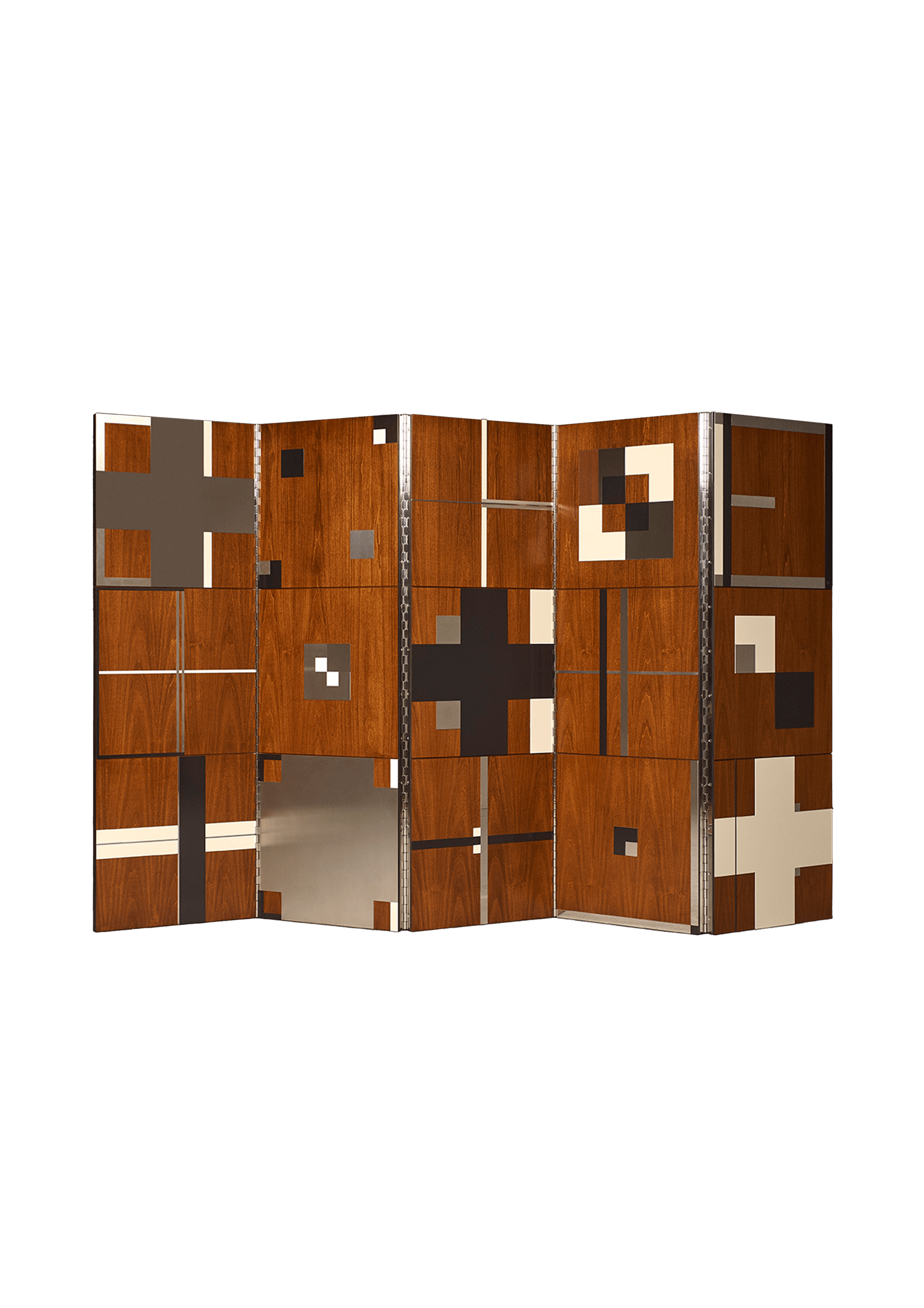 Multi-panel room divider in brown wood veneer with geometric inlays and metallic hinges, Drop 03 by Interni Venosta