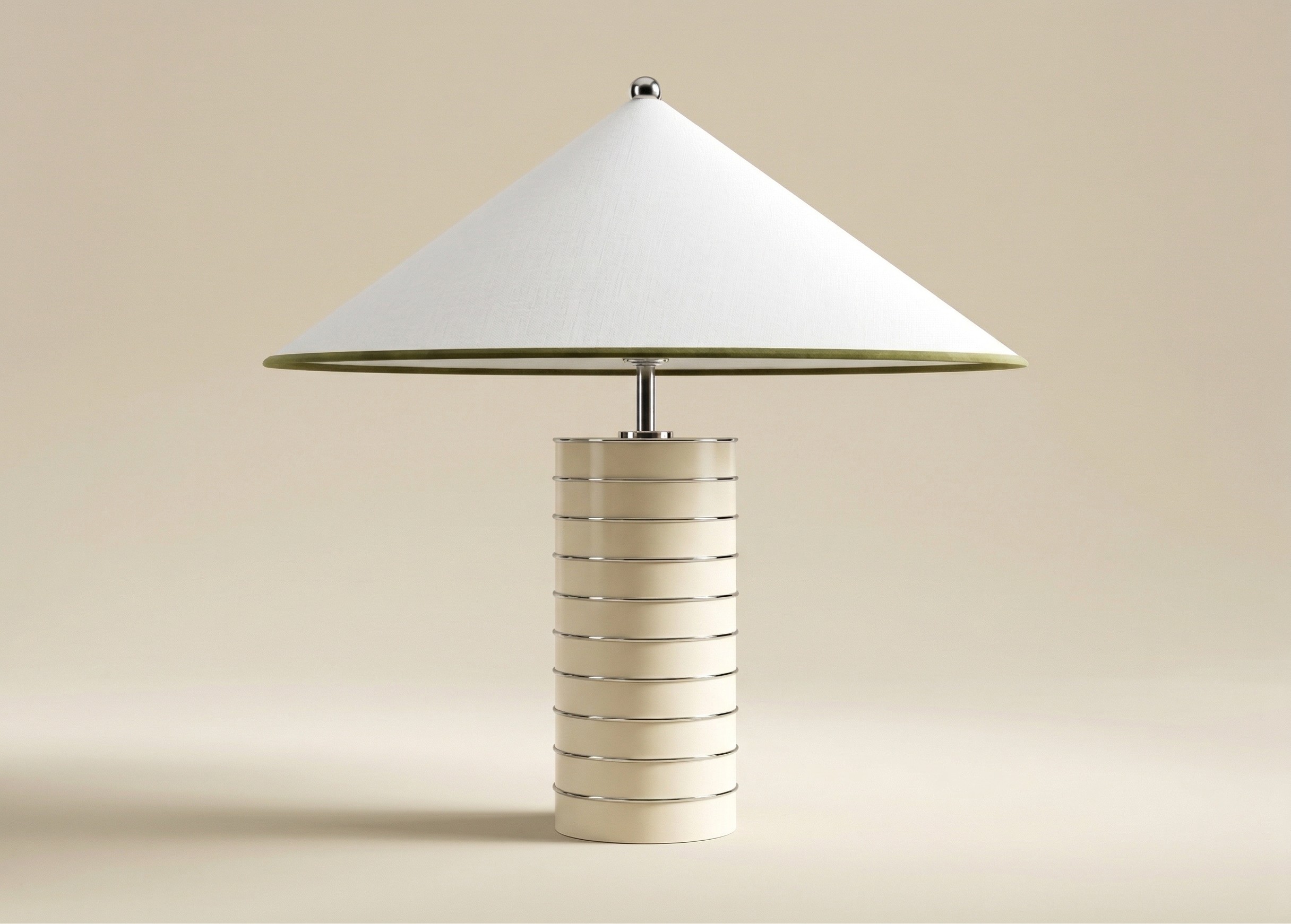 Frances Table Lamp by Necchi Architecture – conical off-white shade, olive green trim, spherical chrome finial, beige base