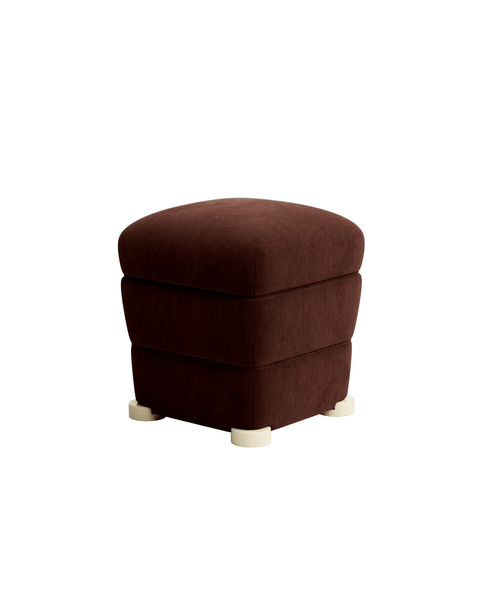 Lina Ottoman by Necchi Architecture – square tiered upholstered ottoman, chocolate brown textile, beige cylindrical feet