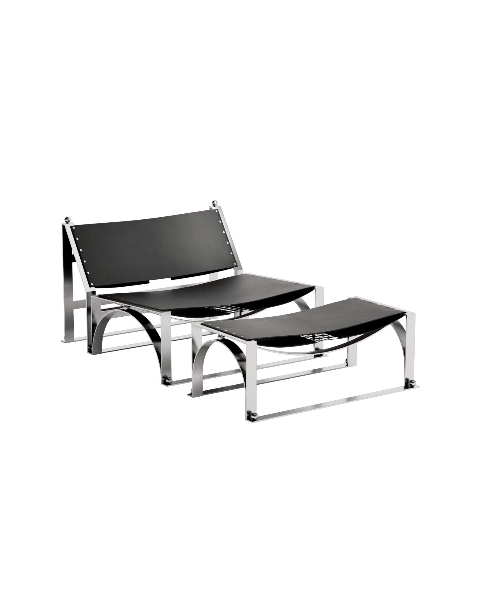 Ray Lounge Chair by Necchi Architecture – polished steel arched frame, dark leather sling seat with spherical fasteners