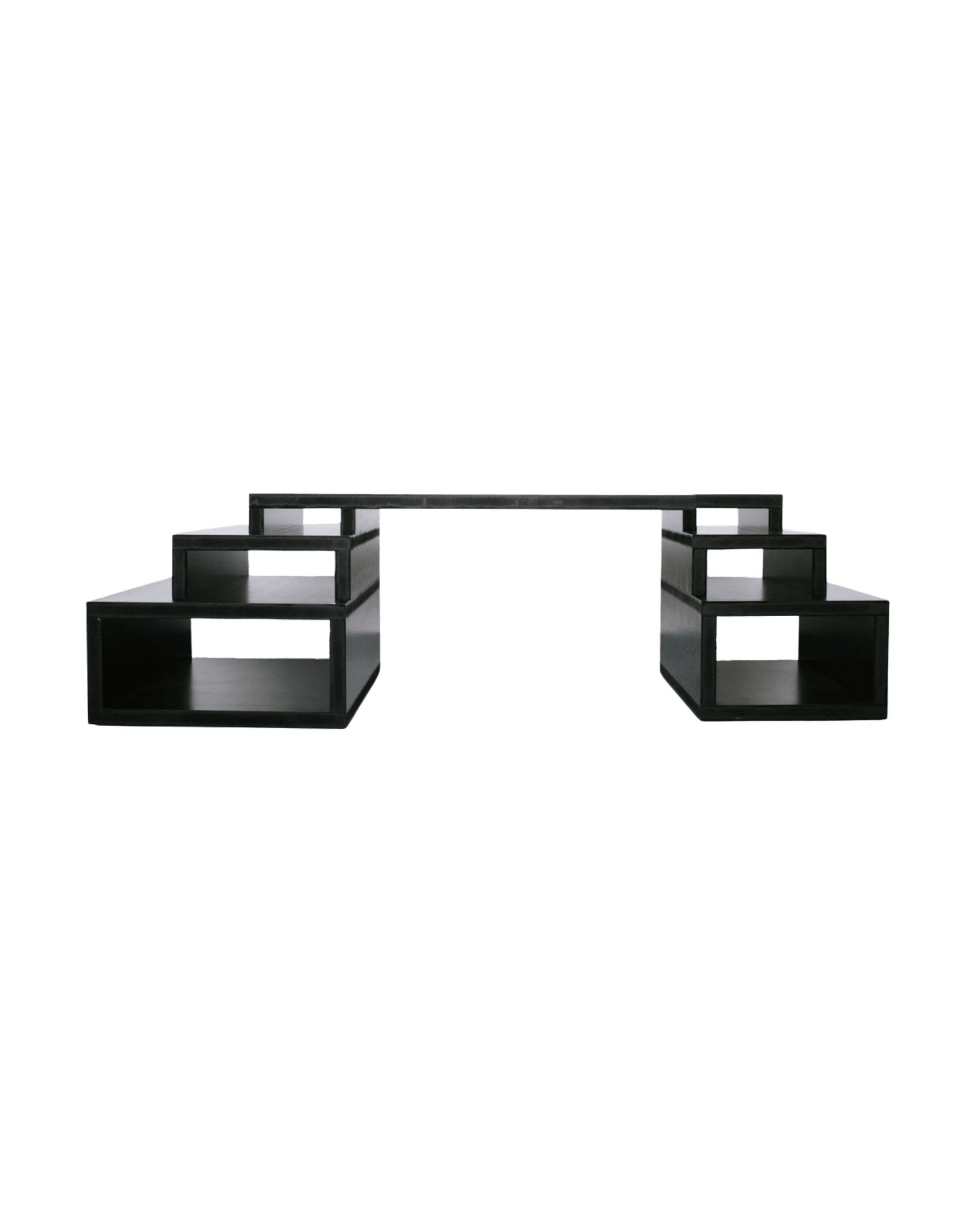 Elephant Desk by Wendy Andreu – dark tinted MDF desk, tiered open shelving units on each end, Inside Out