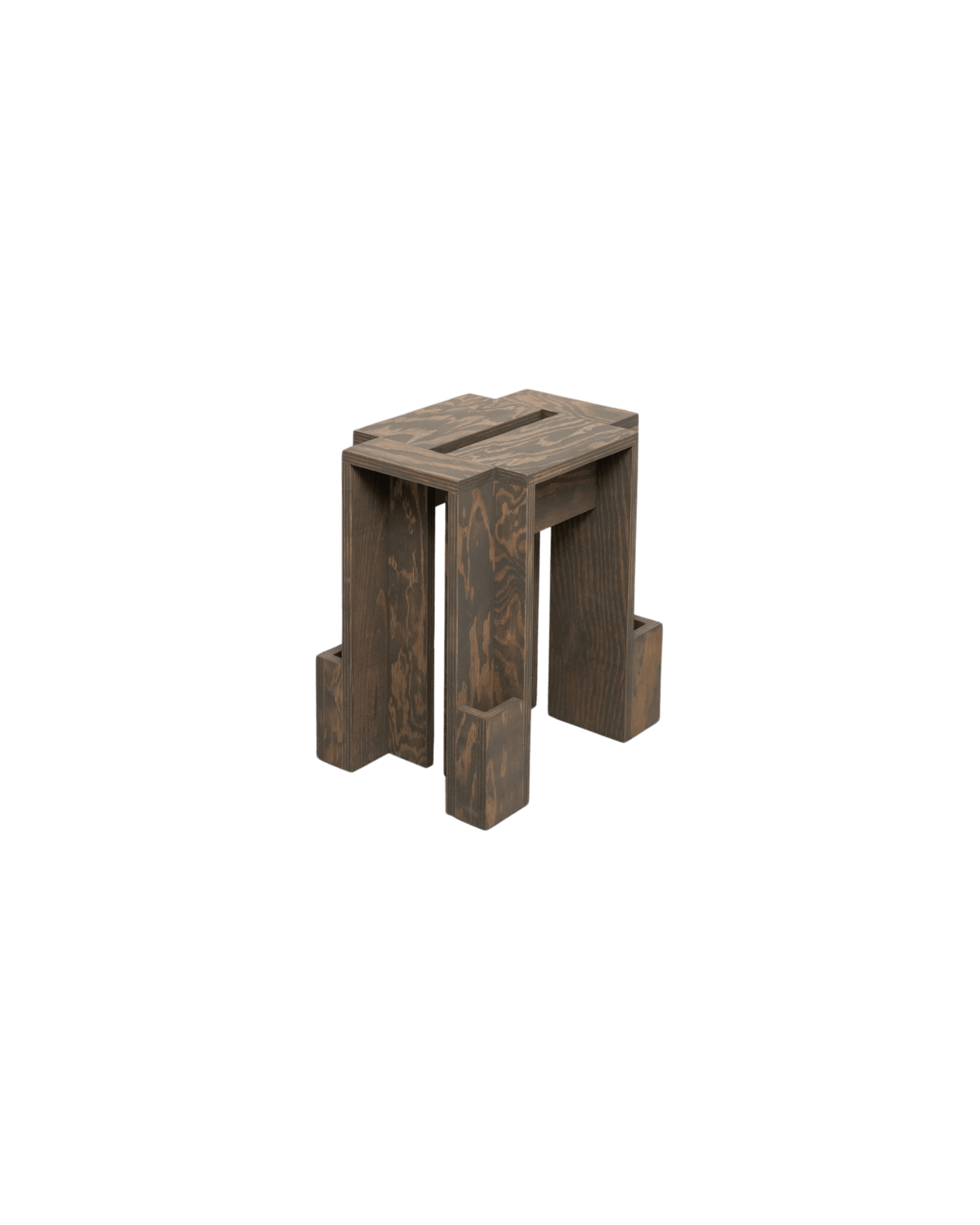 Fortress Stool by Wendy Andreu – dark wood geometric stool with intersecting planks, castle buttress reference
