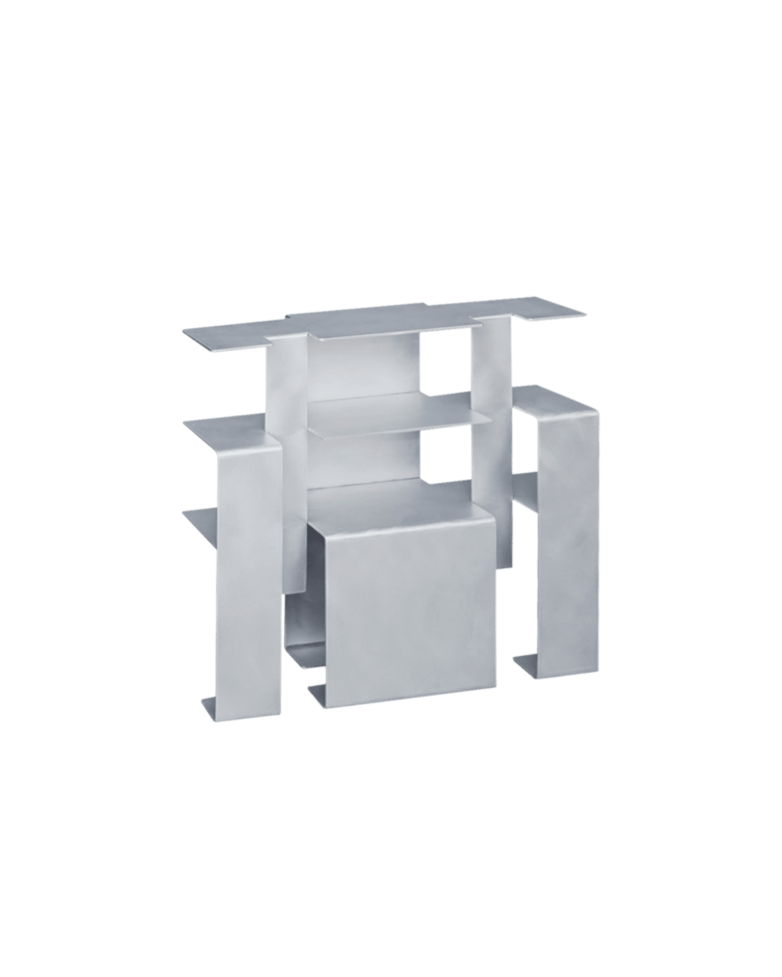 Staple Console by Wendy Andreu – silver-grey bent aluminium console with asymmetric open shelves, Staple Series