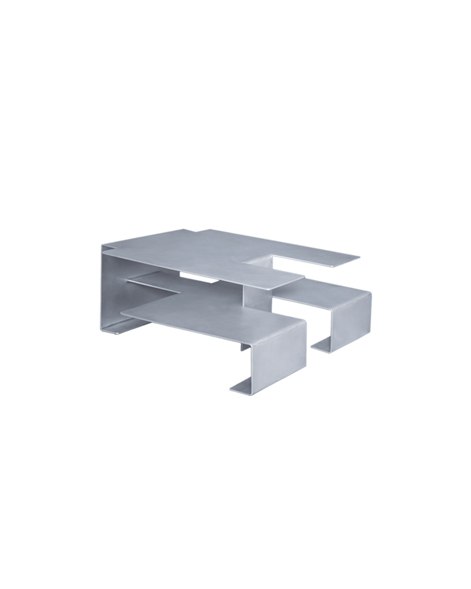 Staple Table by Wendy Andreu – low-profile multi-level brushed aluminium table, interlocking folded sheets