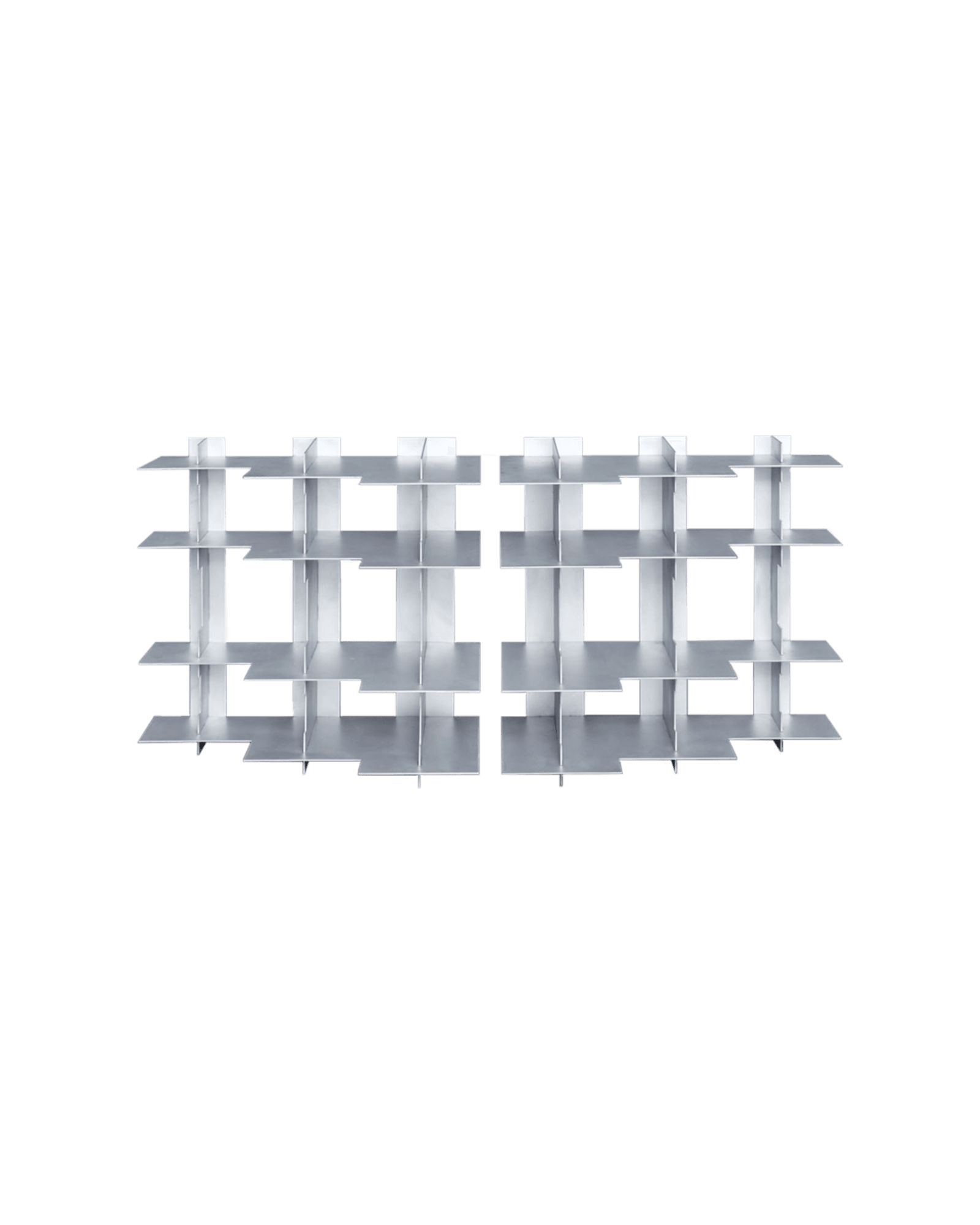 Twin Buffet by Wendy Andreu – two silver-grey aluminium shelving units with interlocking grid compartments