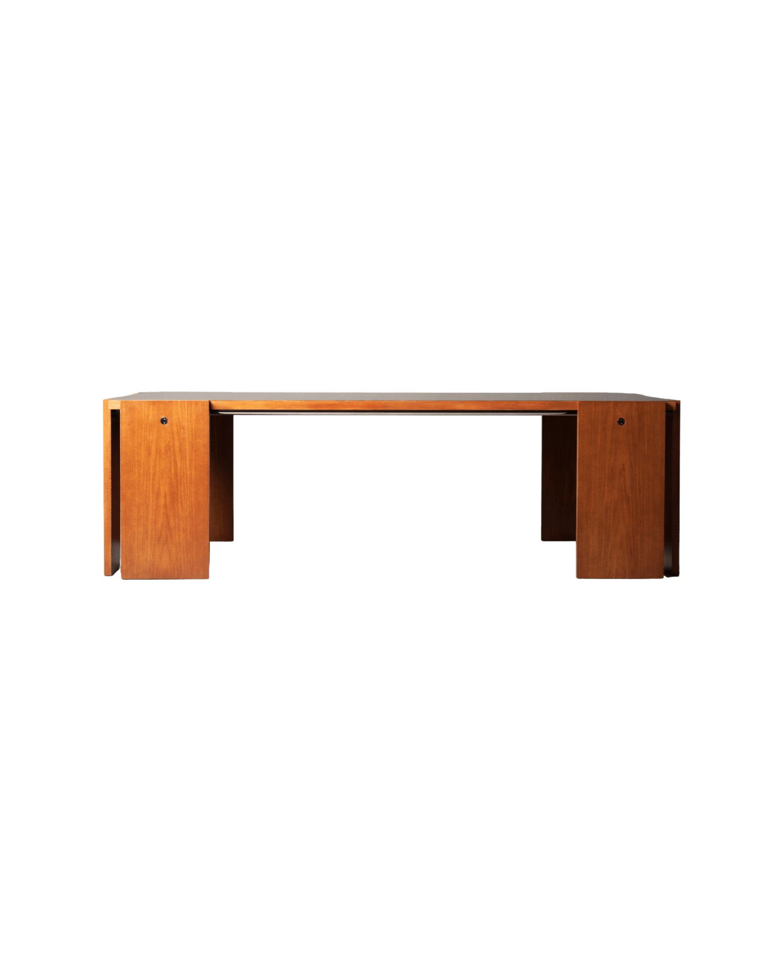 Warm medium-brown wood dining table with thick end panel supports, Drop 01 by Interni Venosta