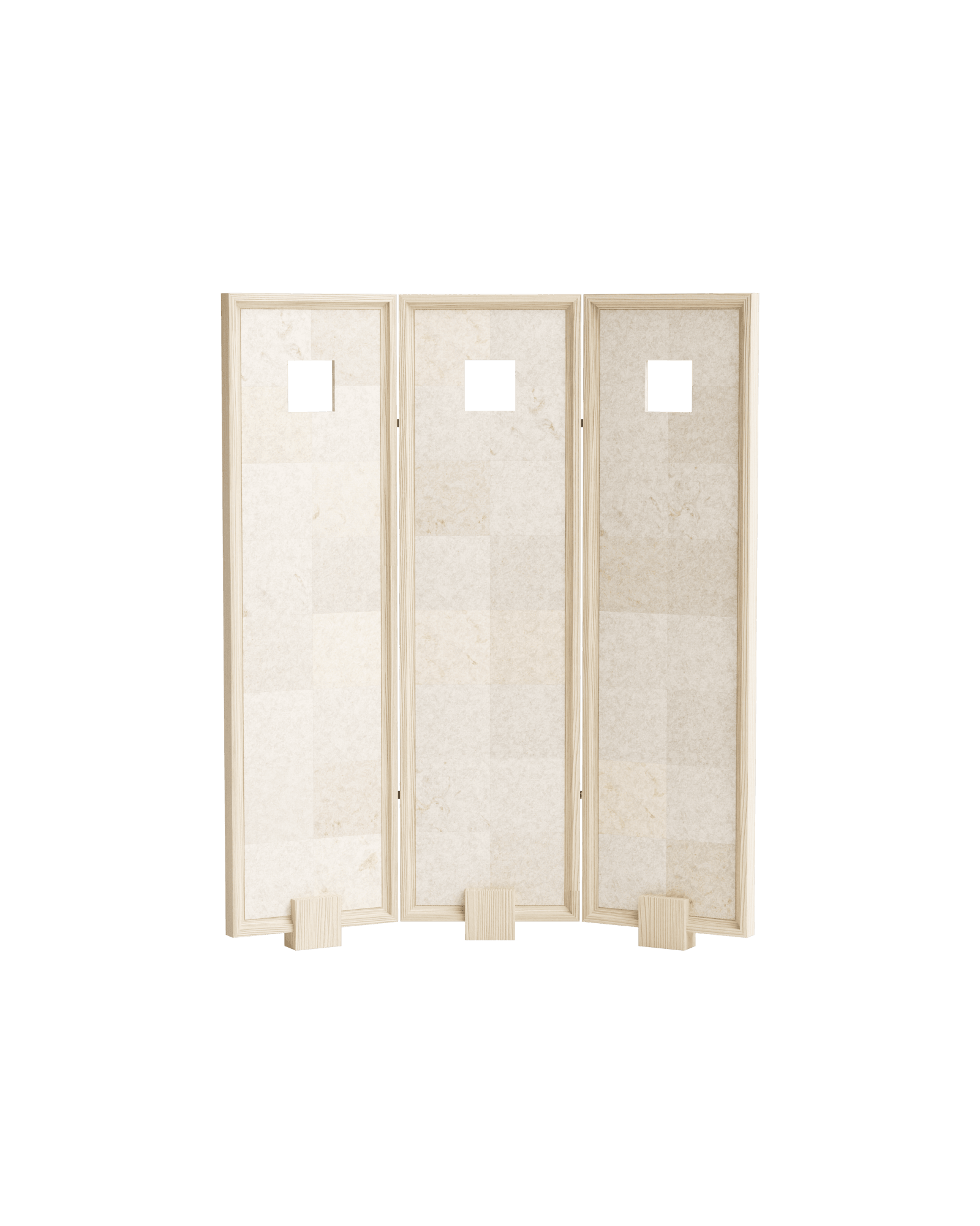 Kami 08 Screen by Le Cann - sandblasted pine and stone tile room divider, three hinged panels with square cutouts