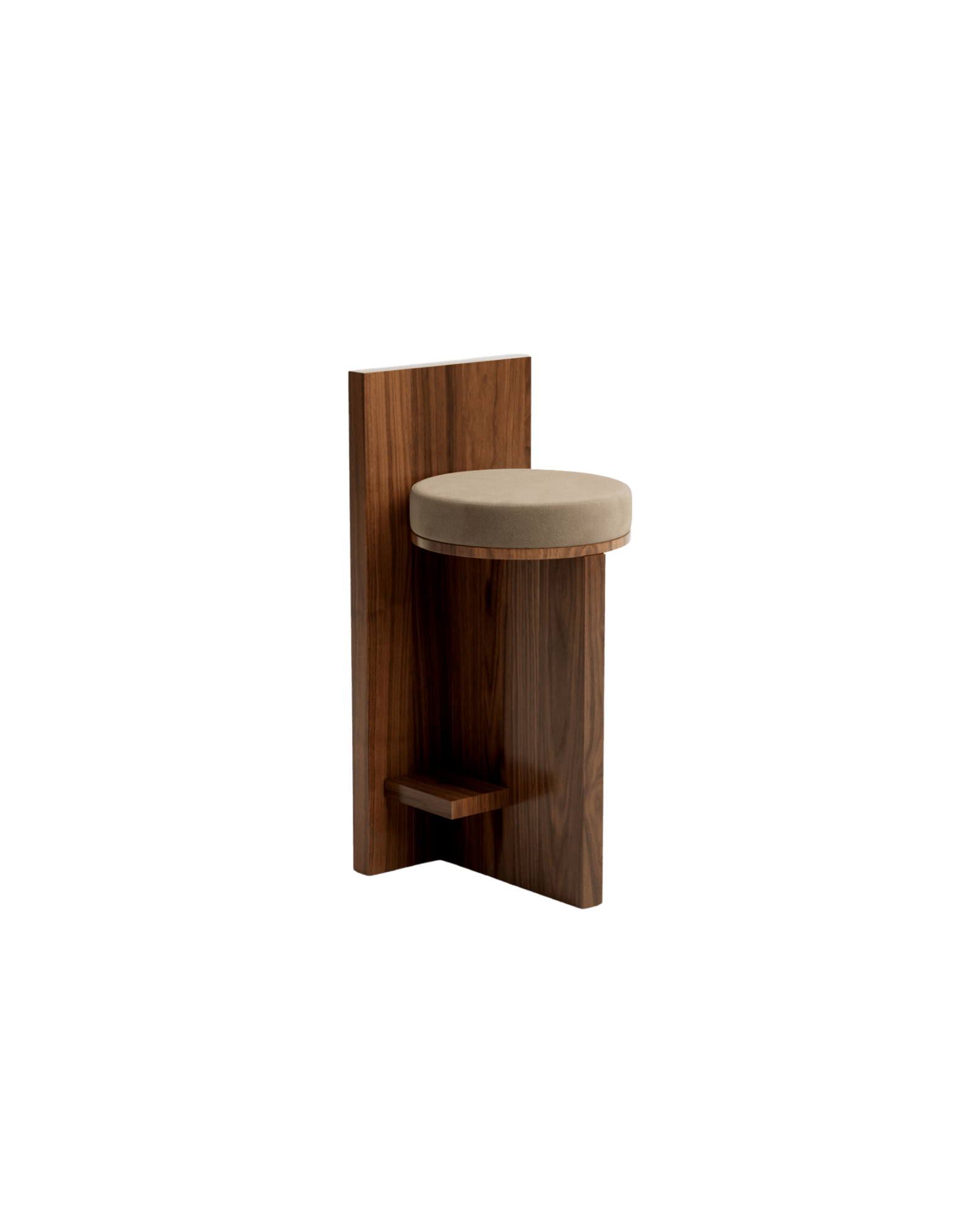 Meï 02 bar stool by Agence Volta – dark walnut vertical panel, cantilevered beige velvet seat