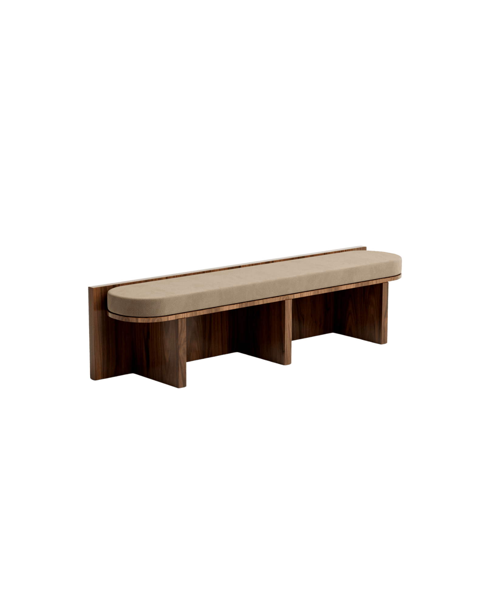 Meï 03 bench by Agence Volta – dark walnut base, floating beige velvet cushion, rounded ends