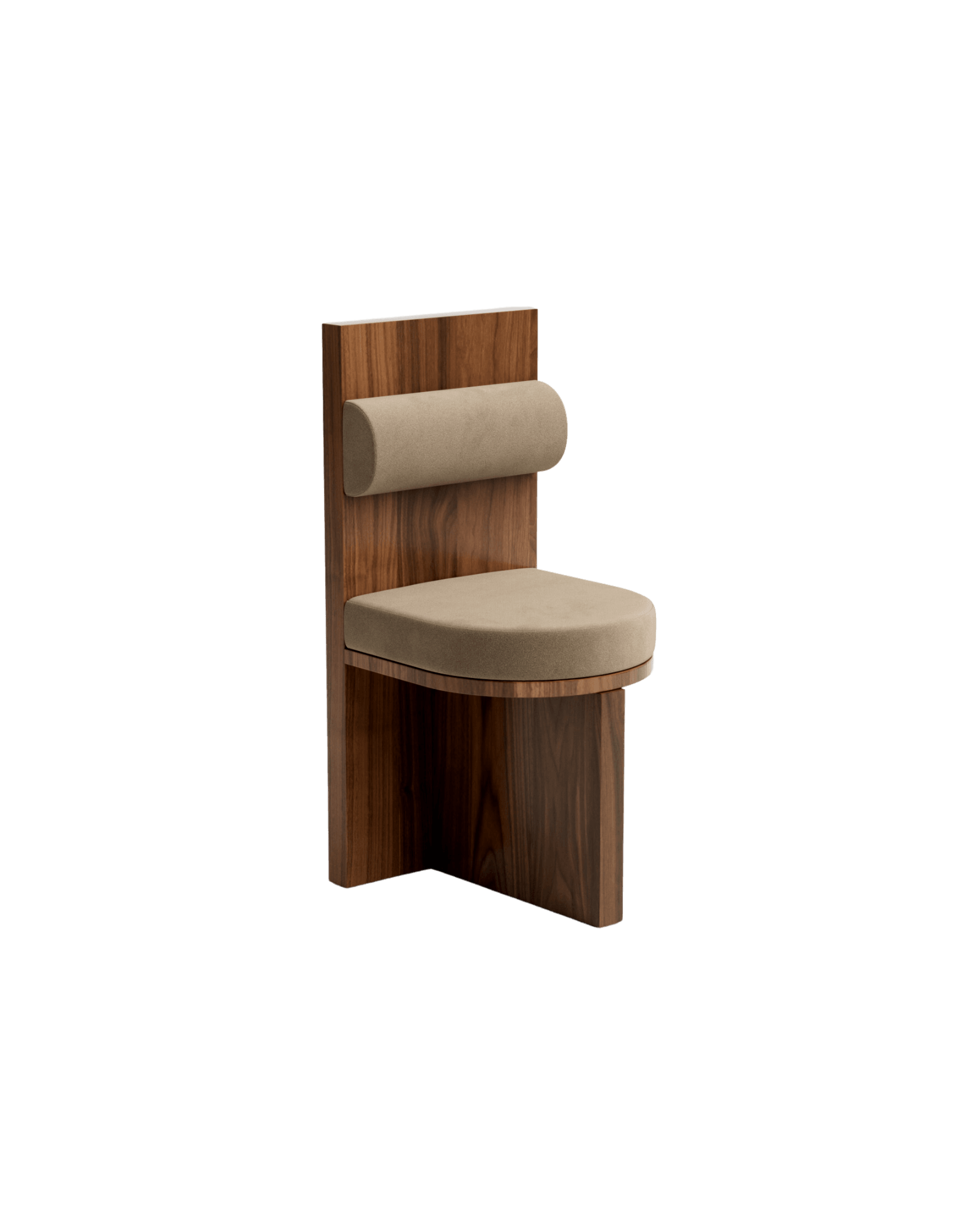 Meï 04 chair by Agence Volta – dark walnut and beige velvet, rounded bolster backrest, X-base