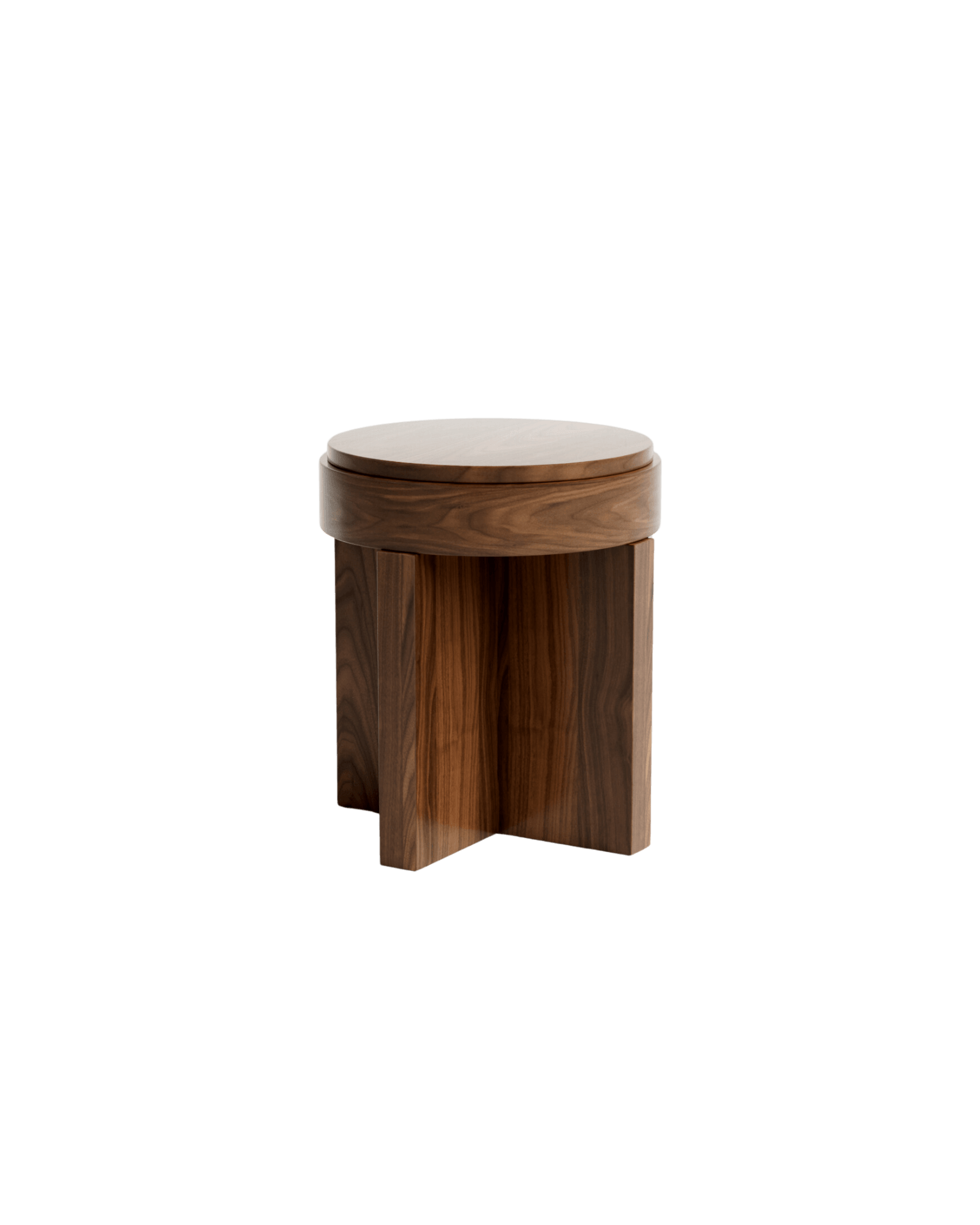 Meï 05 side table by Agence Volta – compact round dark walnut, X-shaped base, recessed lid
