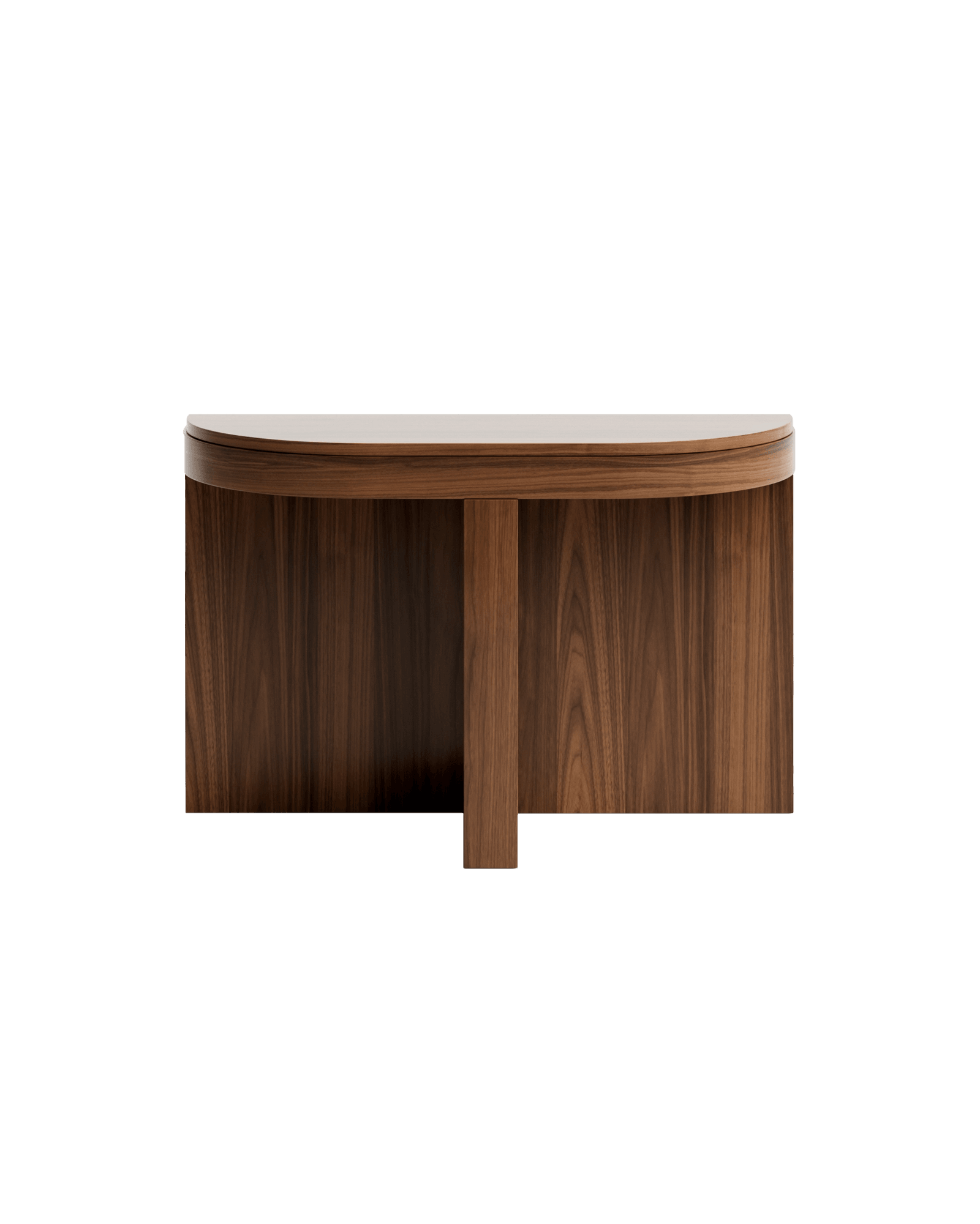 Meï 07 semi-circular console by Agence Volta – dark walnut, pale smooth top, continuous curve