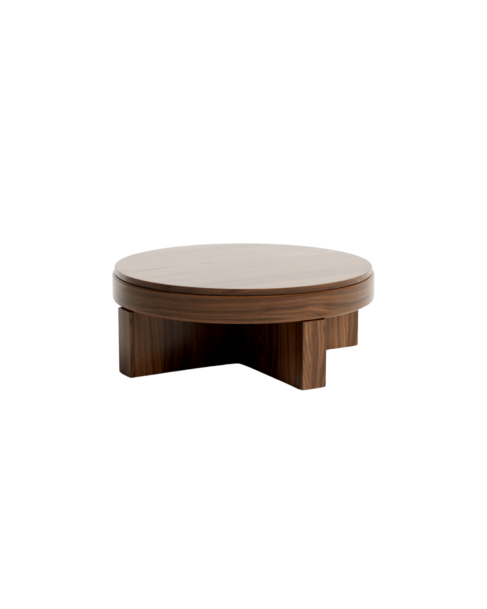 Meï 08 round coffee table by Agence Volta – dark walnut, thick circular top, cross base