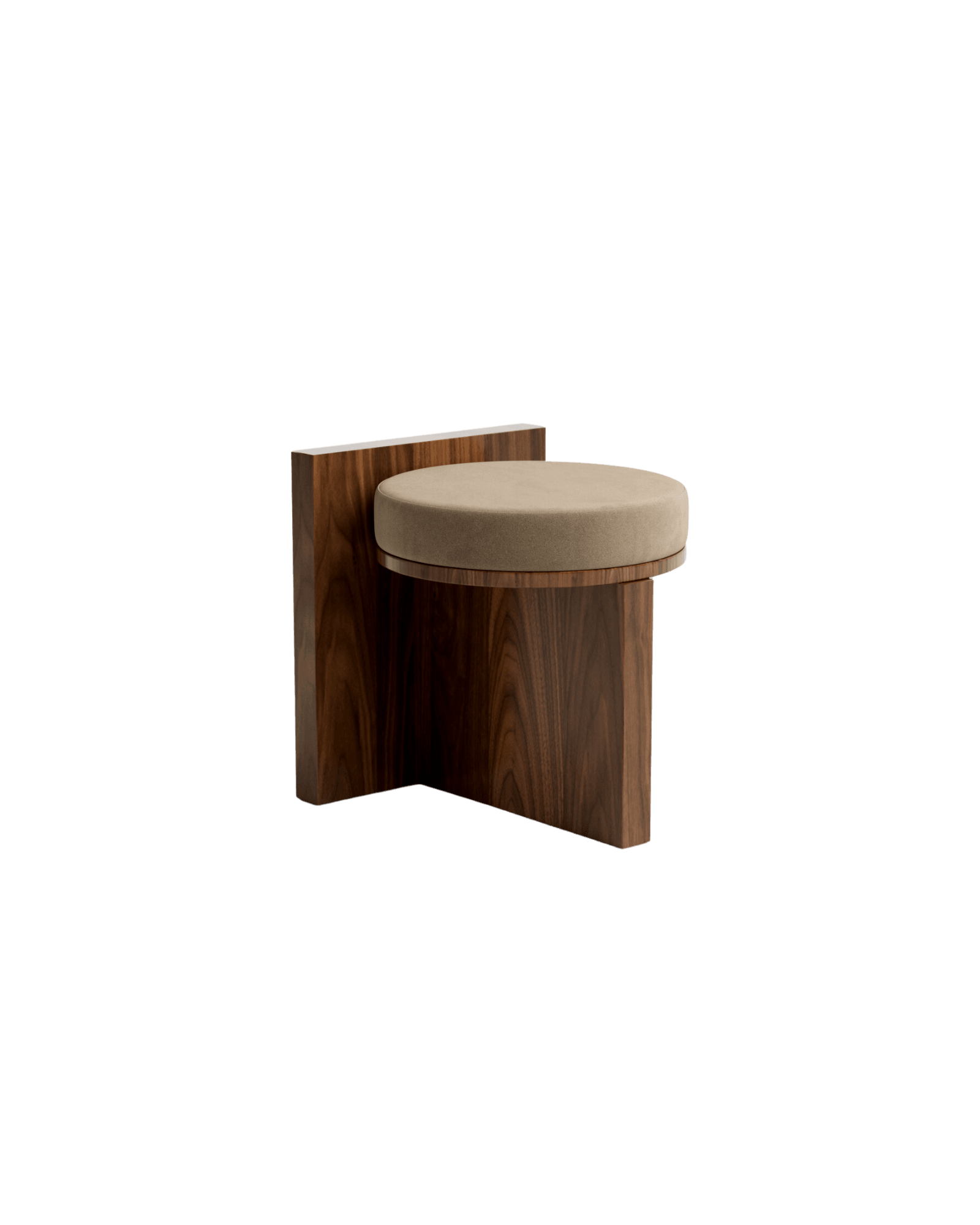 Meï 01 stool by Agence Volta – dark walnut sculptural base, round beige upholstered seat