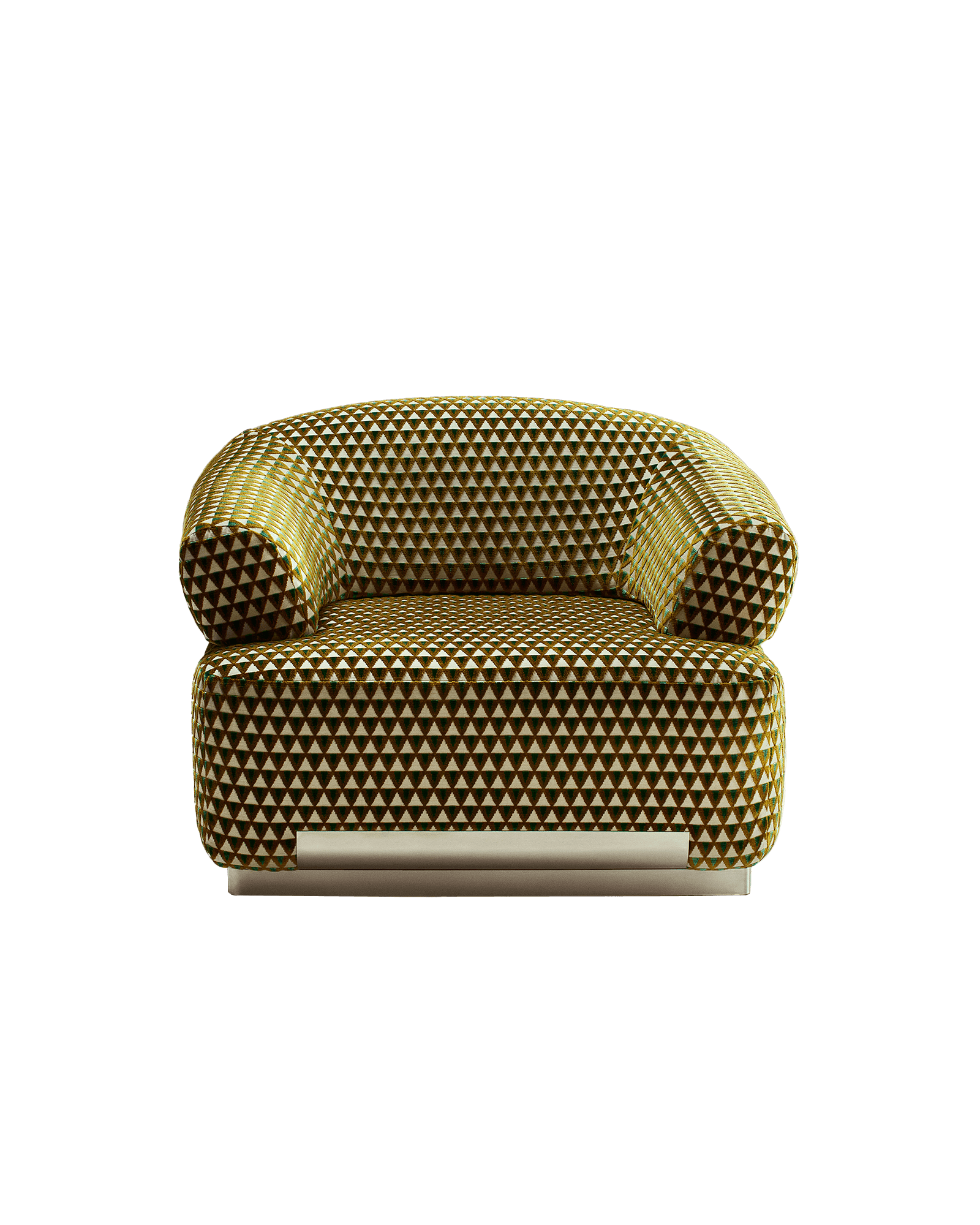 Armchair by Tatjana von Stein - brushed stainless steel frame, green patterned upholstery