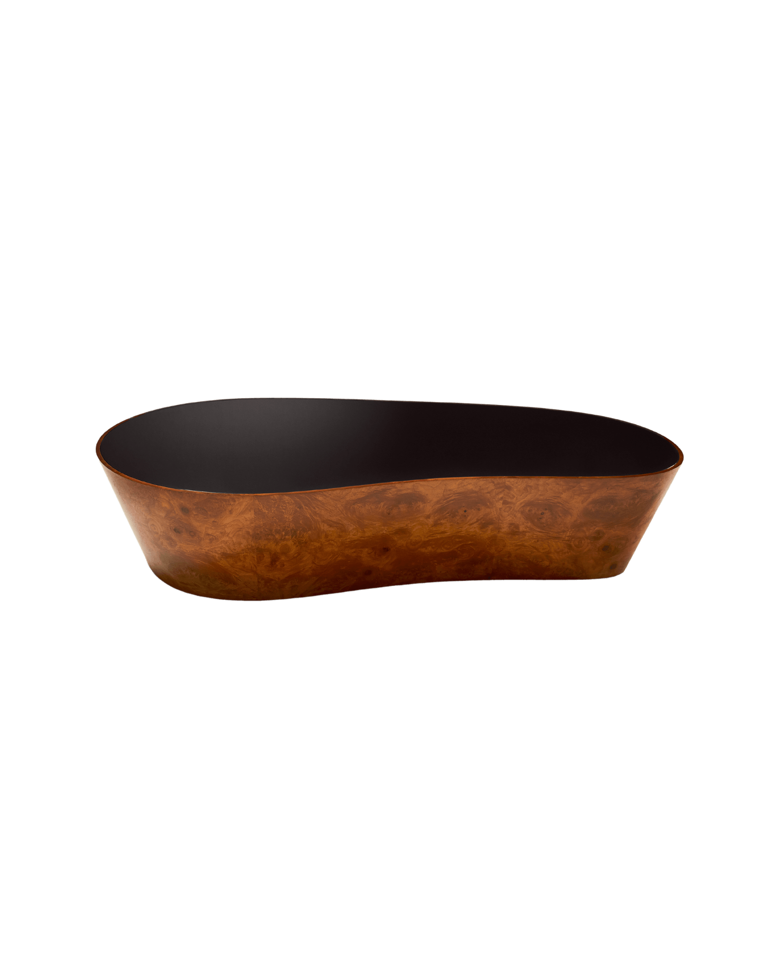 Glass Coffee Table by Tatjana von Stein - burl wood and lacquered glass, elongated boat form