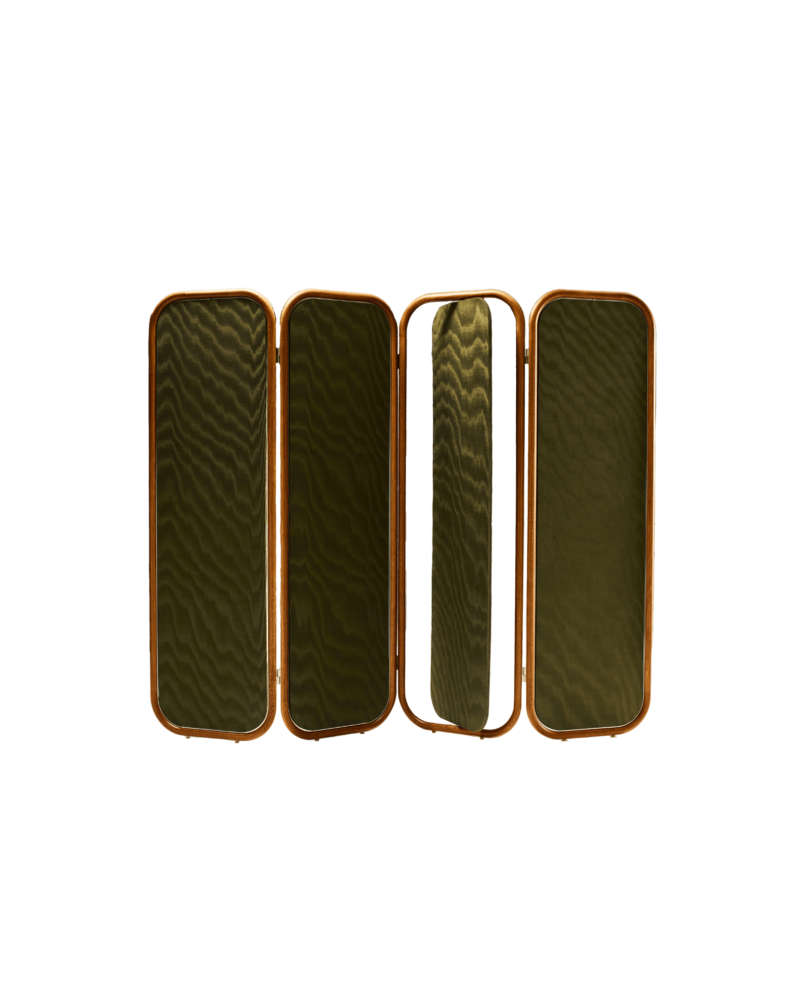 Fabric Screen by Tatjana von Stein - olive-green upholstered panels, oak frame with rounded tops, integrated mirror panel