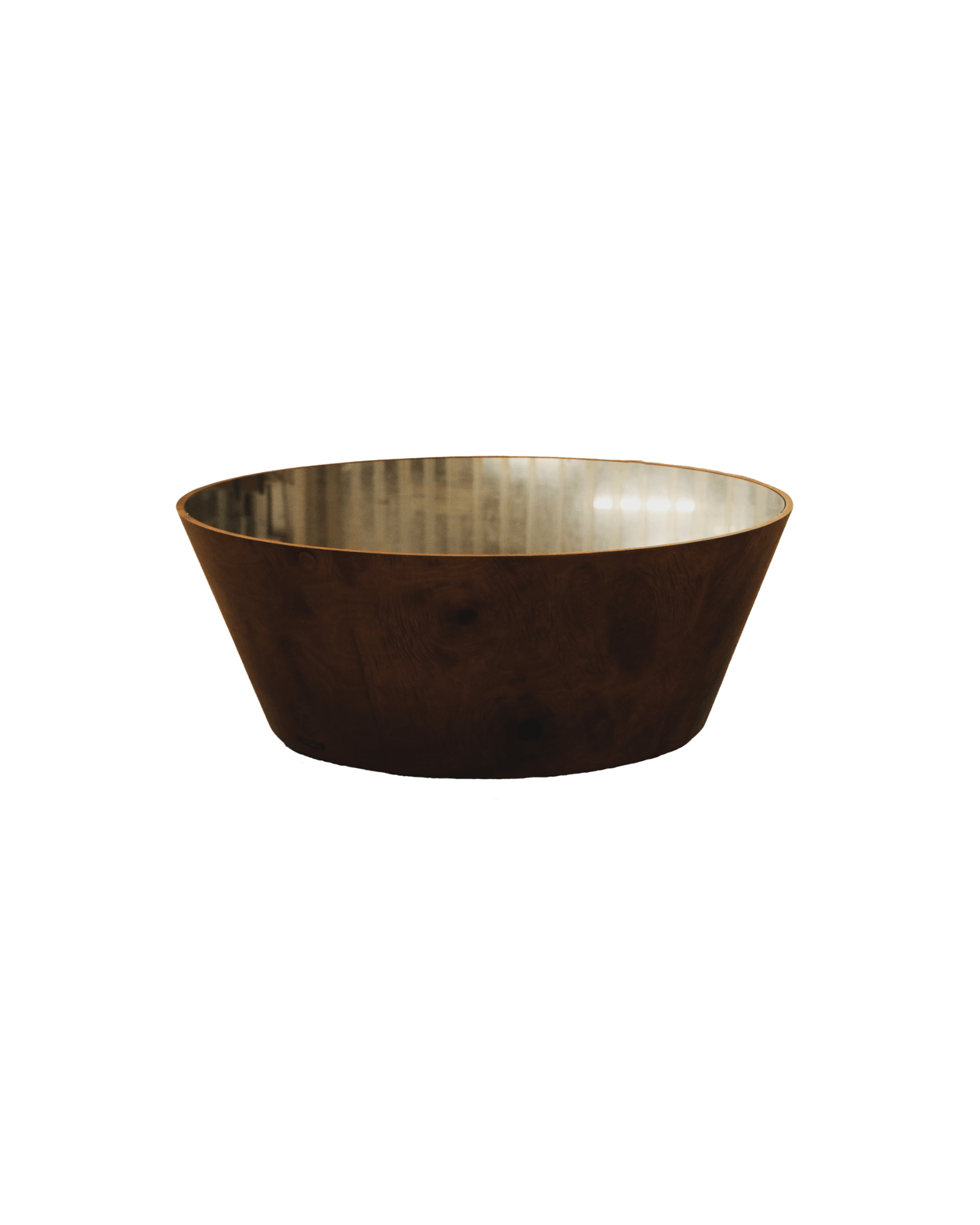 Round Glass Coffee Table by Tatjana von Stein - dark burl wood bowl form, reflective glass interior