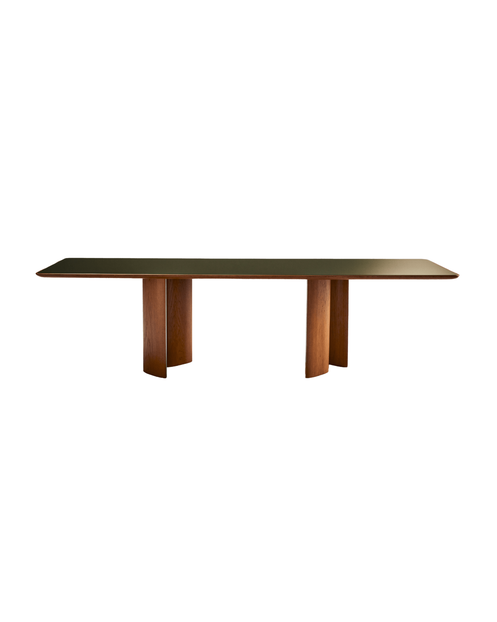 Glass Dining Table by Tatjana von Stein - lacquered glass and oak, brass-edged top, curved sculptural bases