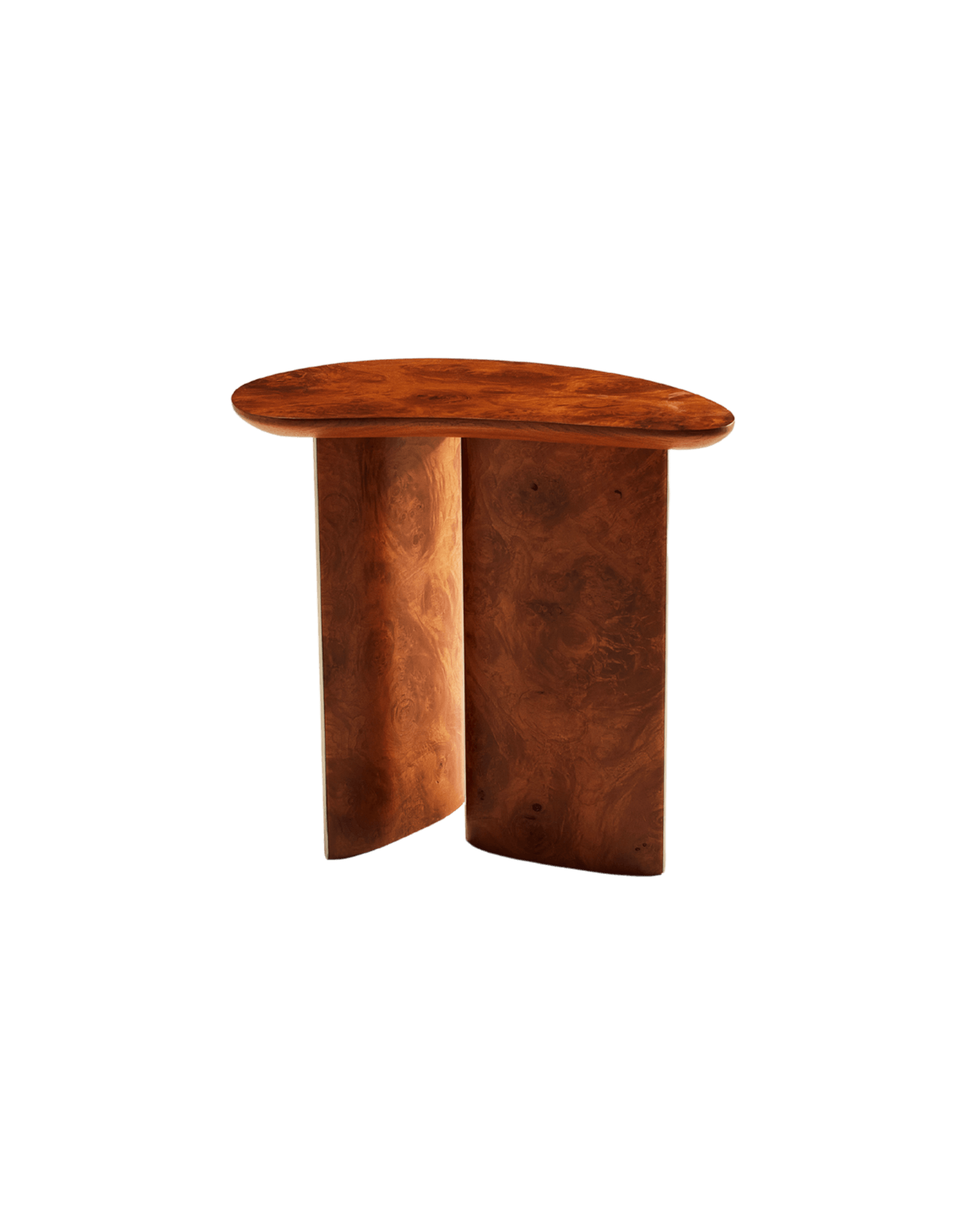 Pointe Side Table by Tatjana von Stein - burl walnut side table, swirling grain, angled base panels