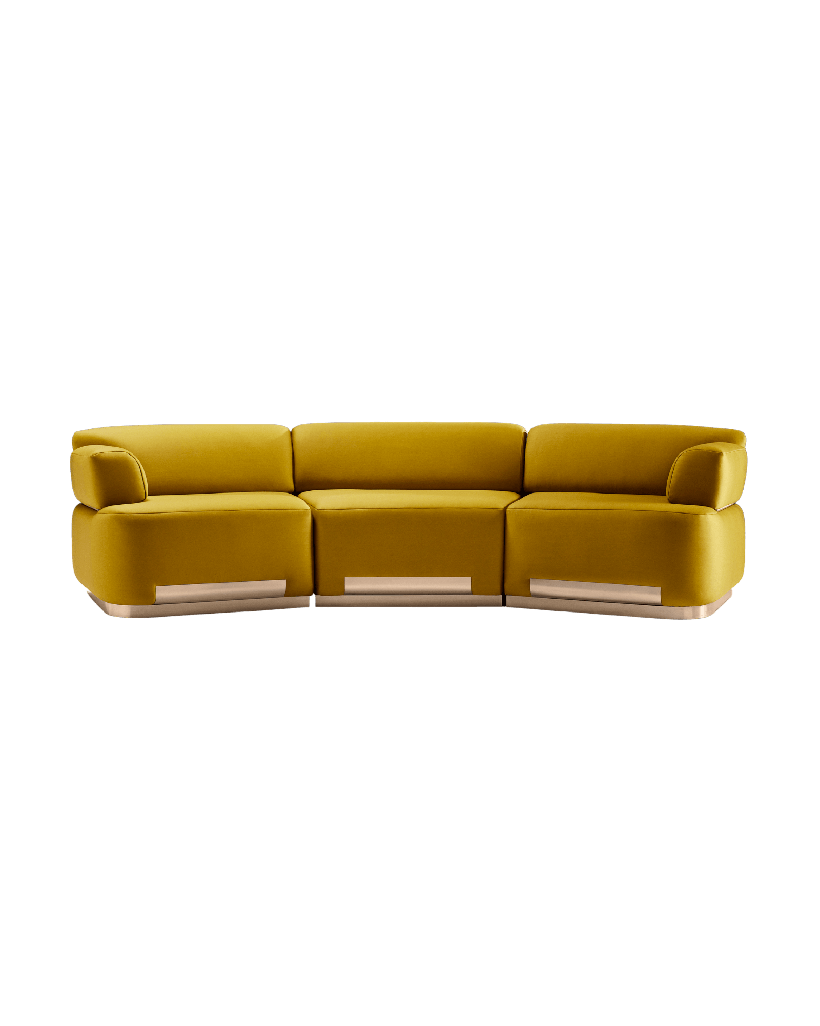 Sectional Sofa by Tatjana von Stein - mustard yellow textile, curved modular form, gold metallic base