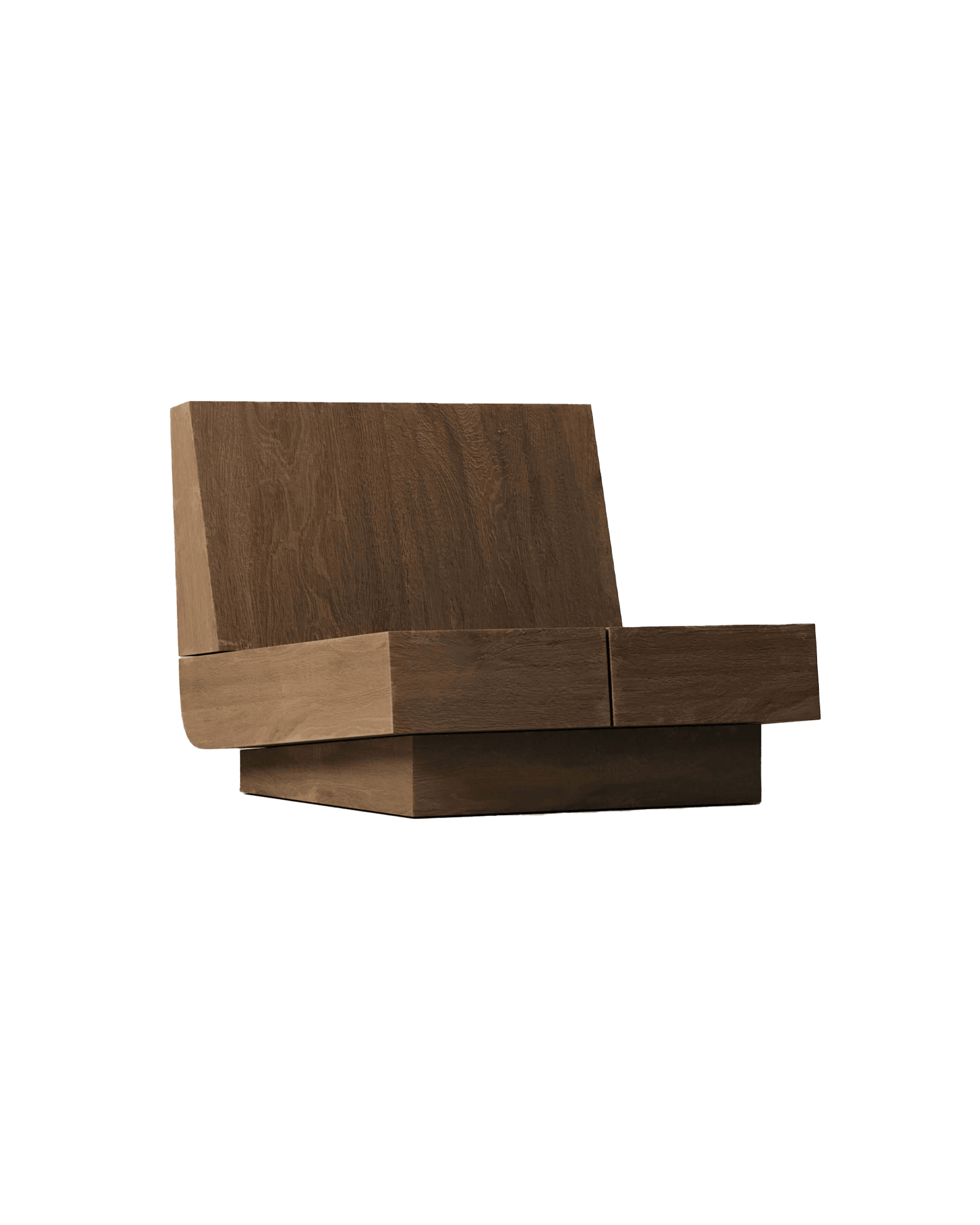 M_007 white oak lounge chair by Monolith - stacked geometric blocks with angled backrest, dark wood