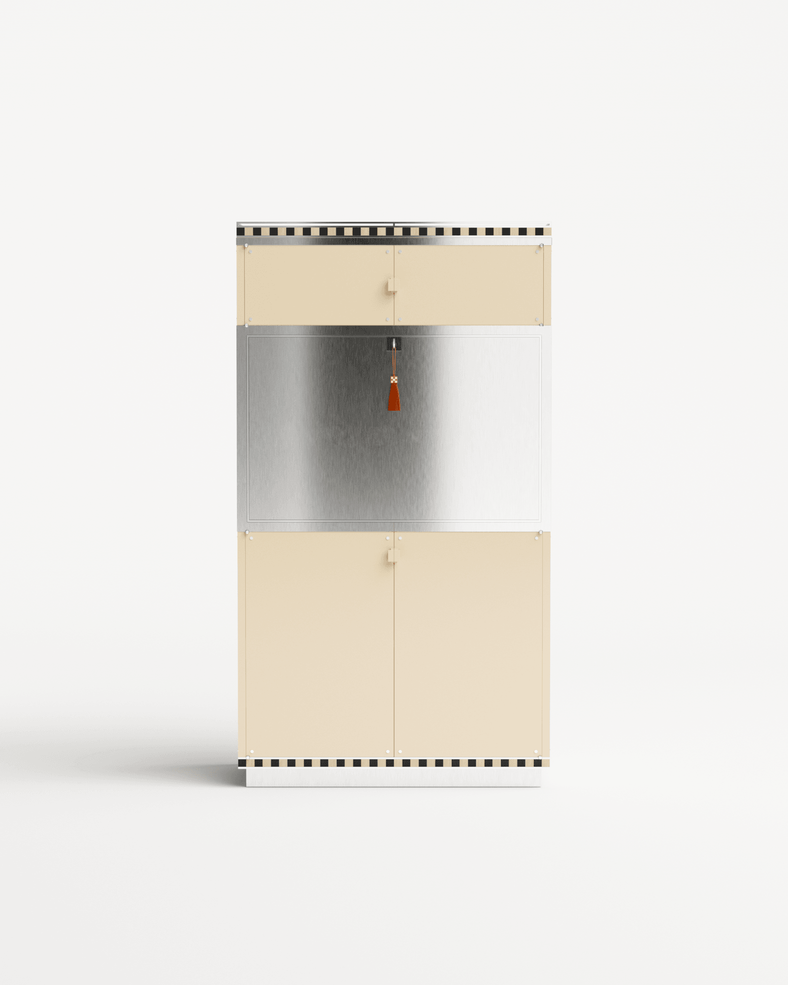 Aino Cabinet by Necchi Architecture – beige wood panels, brushed steel centre section, orange tassel accent