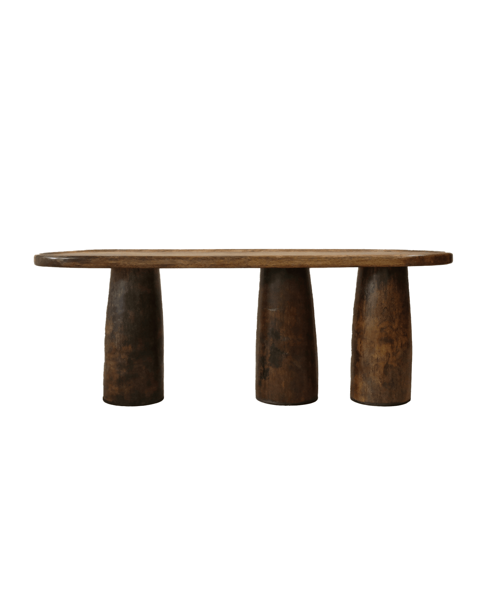 Arche console table in dark wood with oval slab top and three cylindrical legs, Orbite by Altin Studio