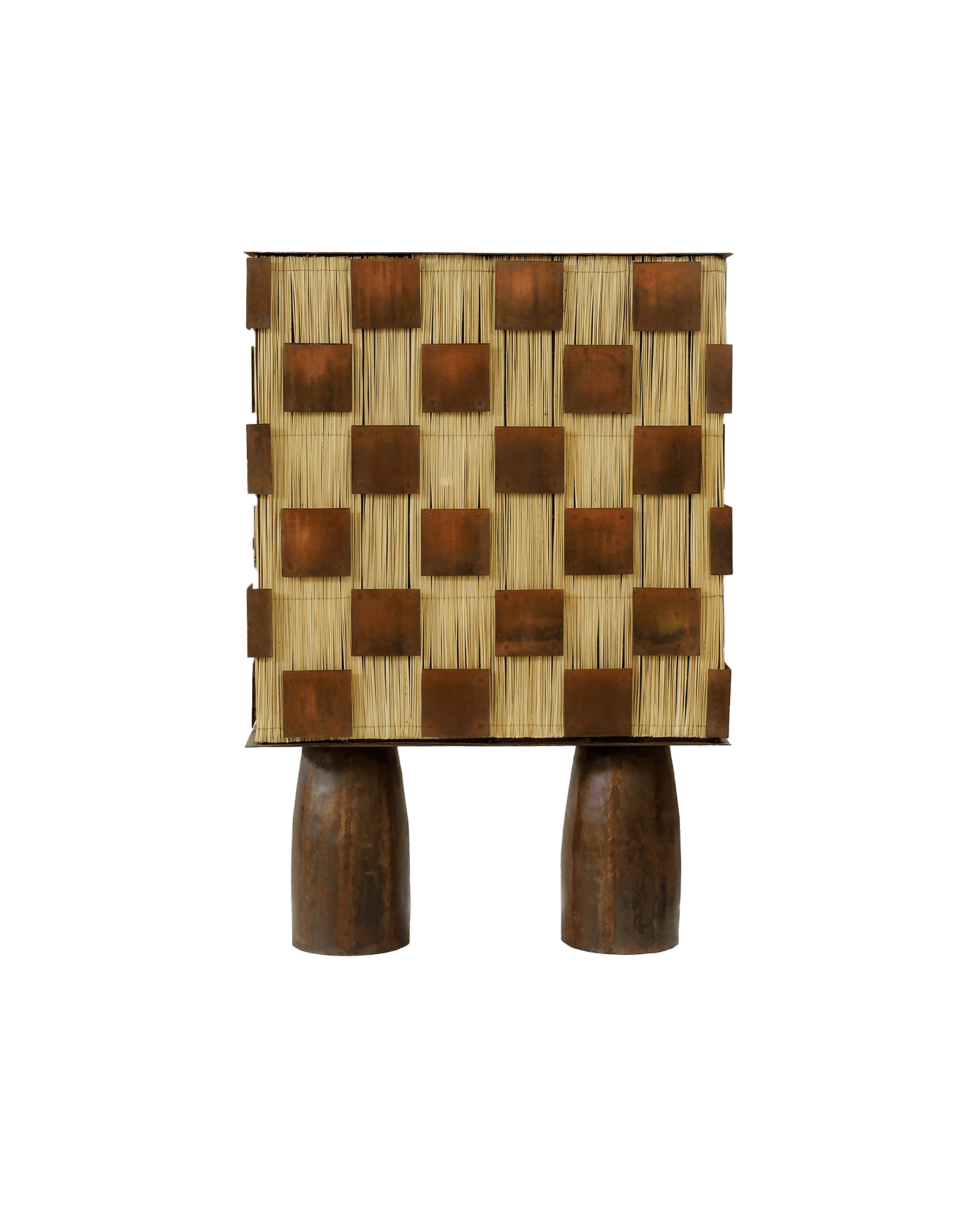 Ganymède cabinet with woven straw top and patinated copper tiles, Orbite collection by Altin Studio