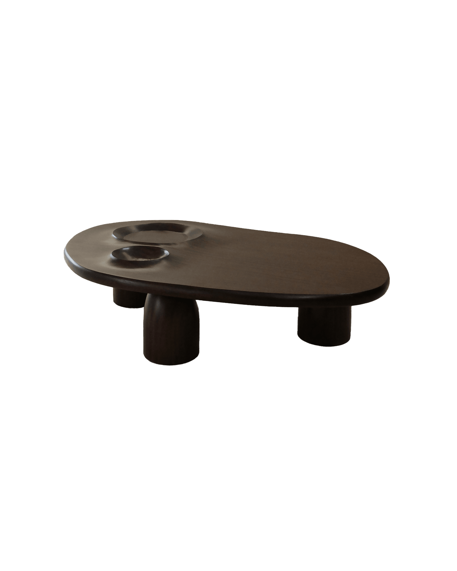 Mer et Cratère oval coffee table in dark wood with carved depressions, Orbite collection by Altin Studio