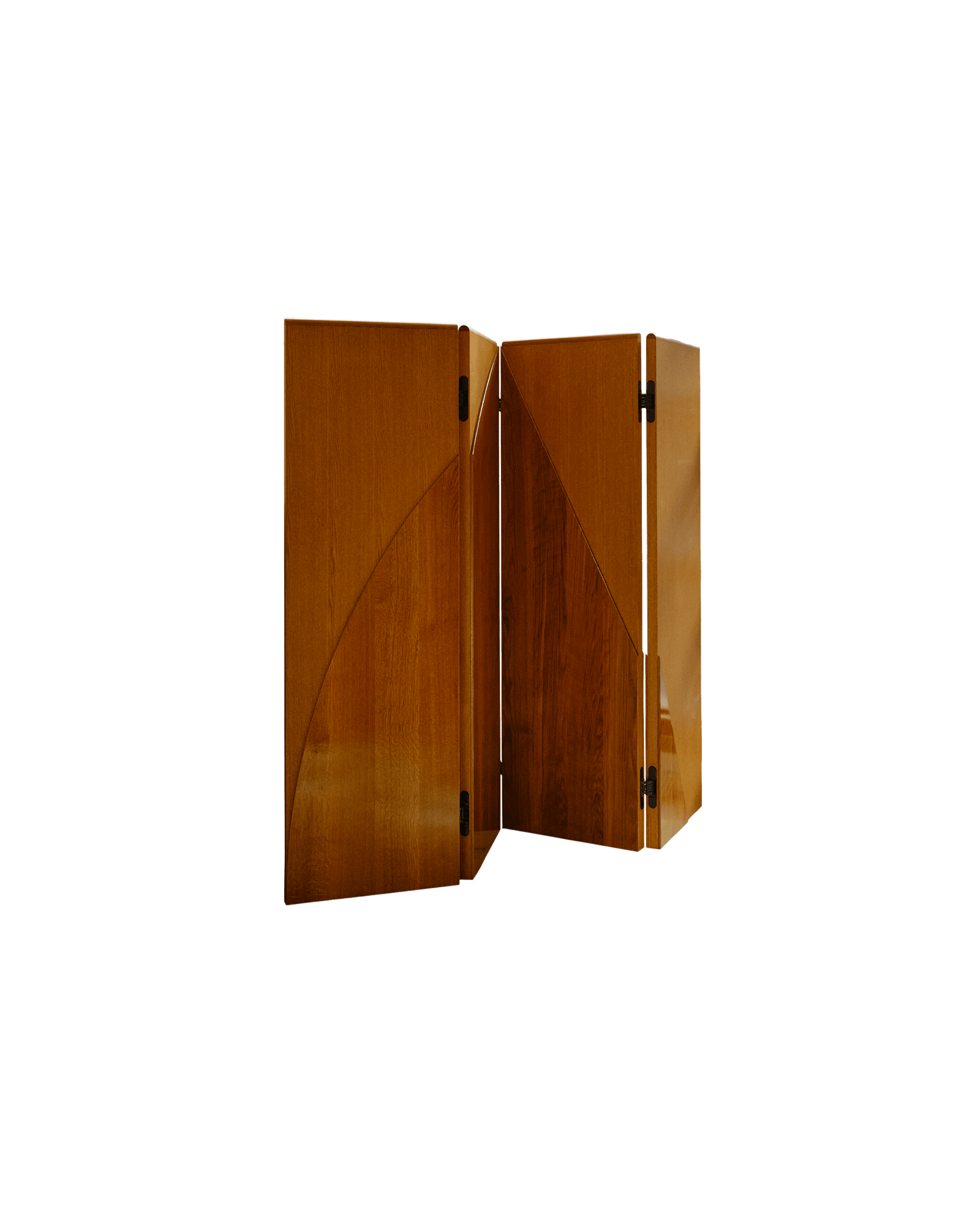 Atlantique Screen by Atelier de Troupe - reddish-brown wood folding screen, curved and diagonal geometric inlay