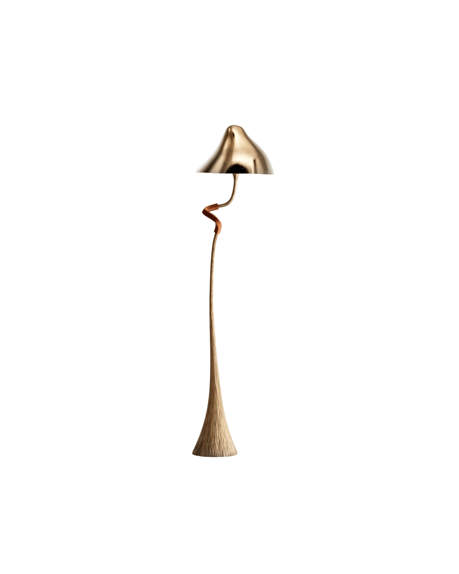 SHROOM floor lamp by HAMREI – polished bronze mushroom shade on conical wood base with wavy reddish-brown wood stem