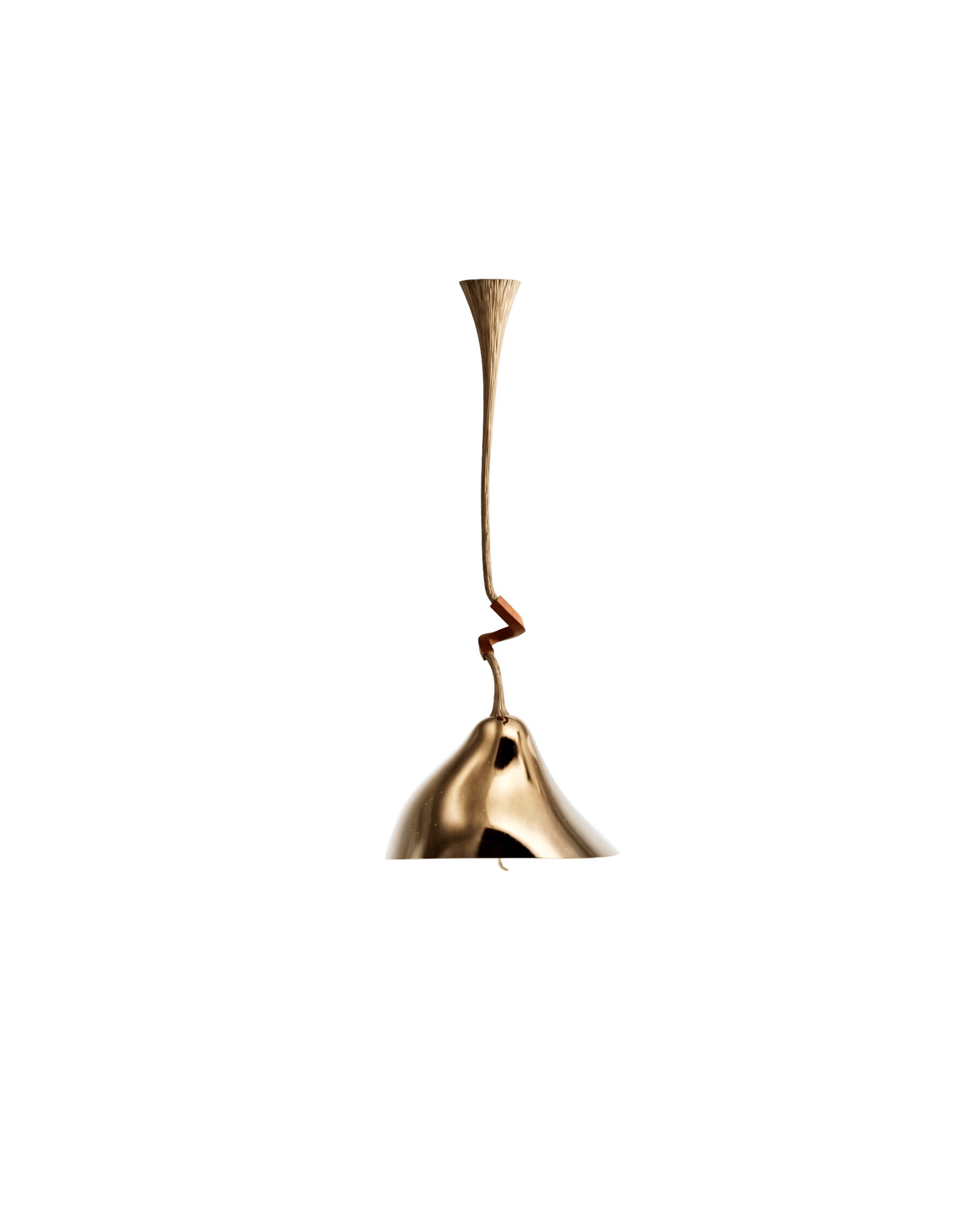 SHROOM pendant lamp by HAMREI – polished bronze bell shade with natural fiber canopy and carved wood zigzag, luxury lighting