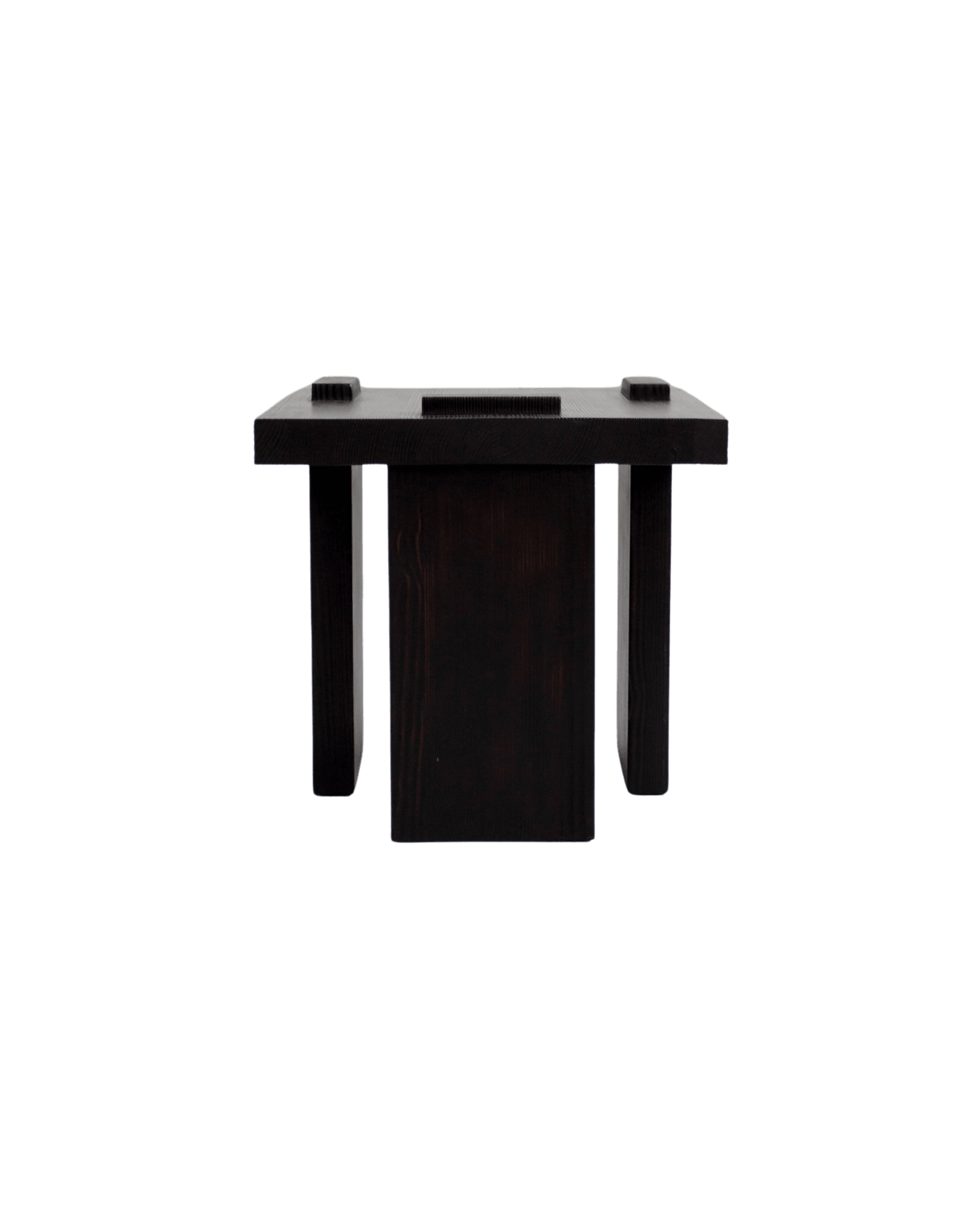 ItooRaba Side Table & Stool by Sizar Alexis – dark pine, ribbed elements on top with central cutout, block base