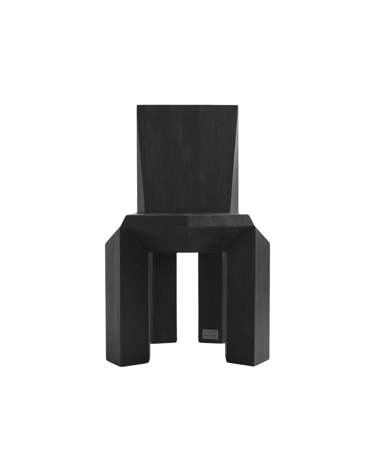 Ode Chair by Sizar Alexis – dark stained pine, wide tapering backrest and integrated block legs