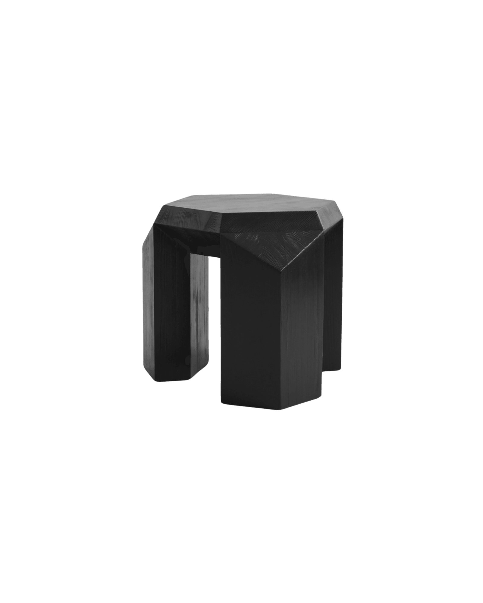 Ode Three Legged Stool by Sizar Alexis - dark pine stool, octagonal seat and three faceted sculptural legs