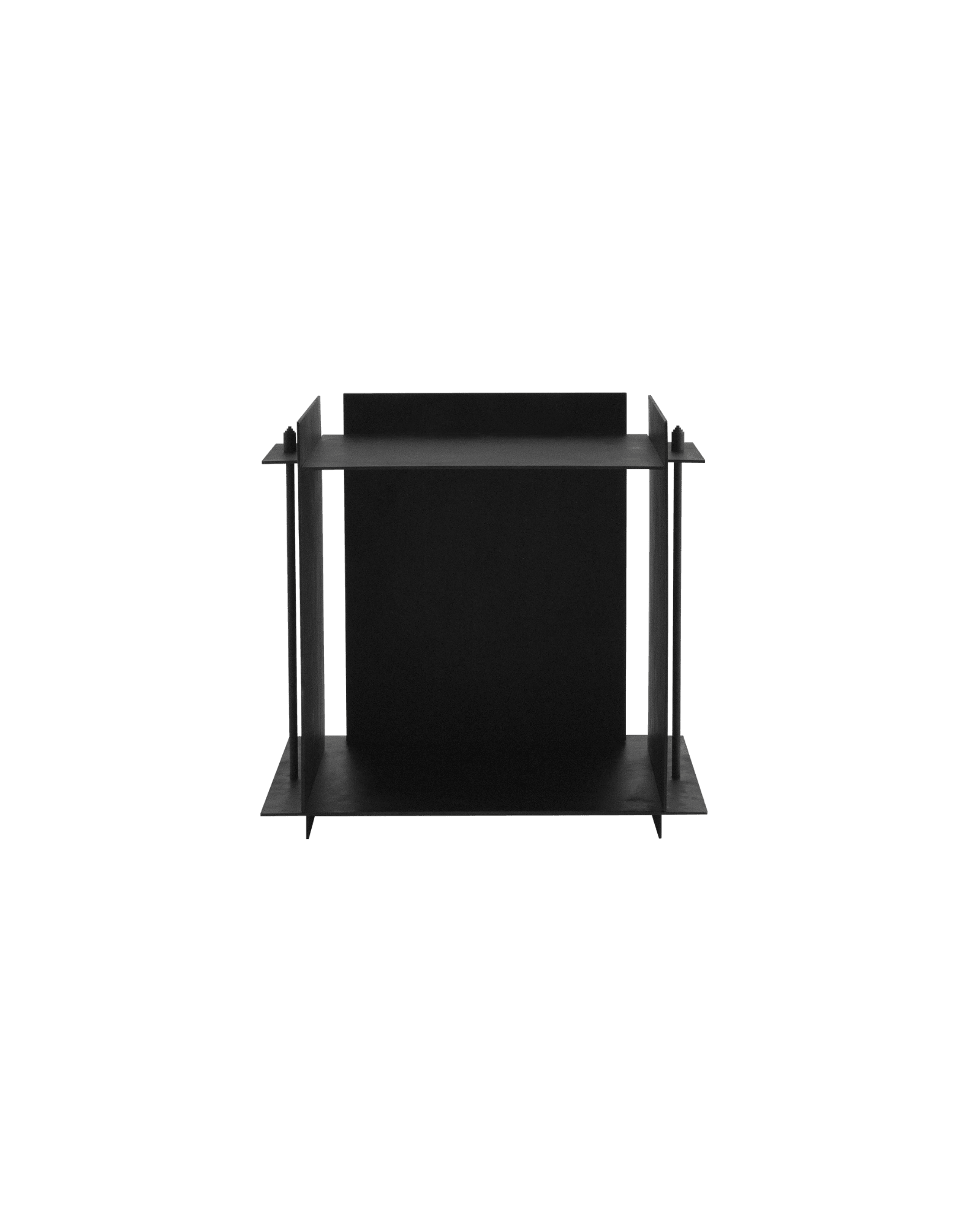 Pilier Side Table by Sizar Alexis - matte steel open shelf, visible round pins and two horizontal tiers