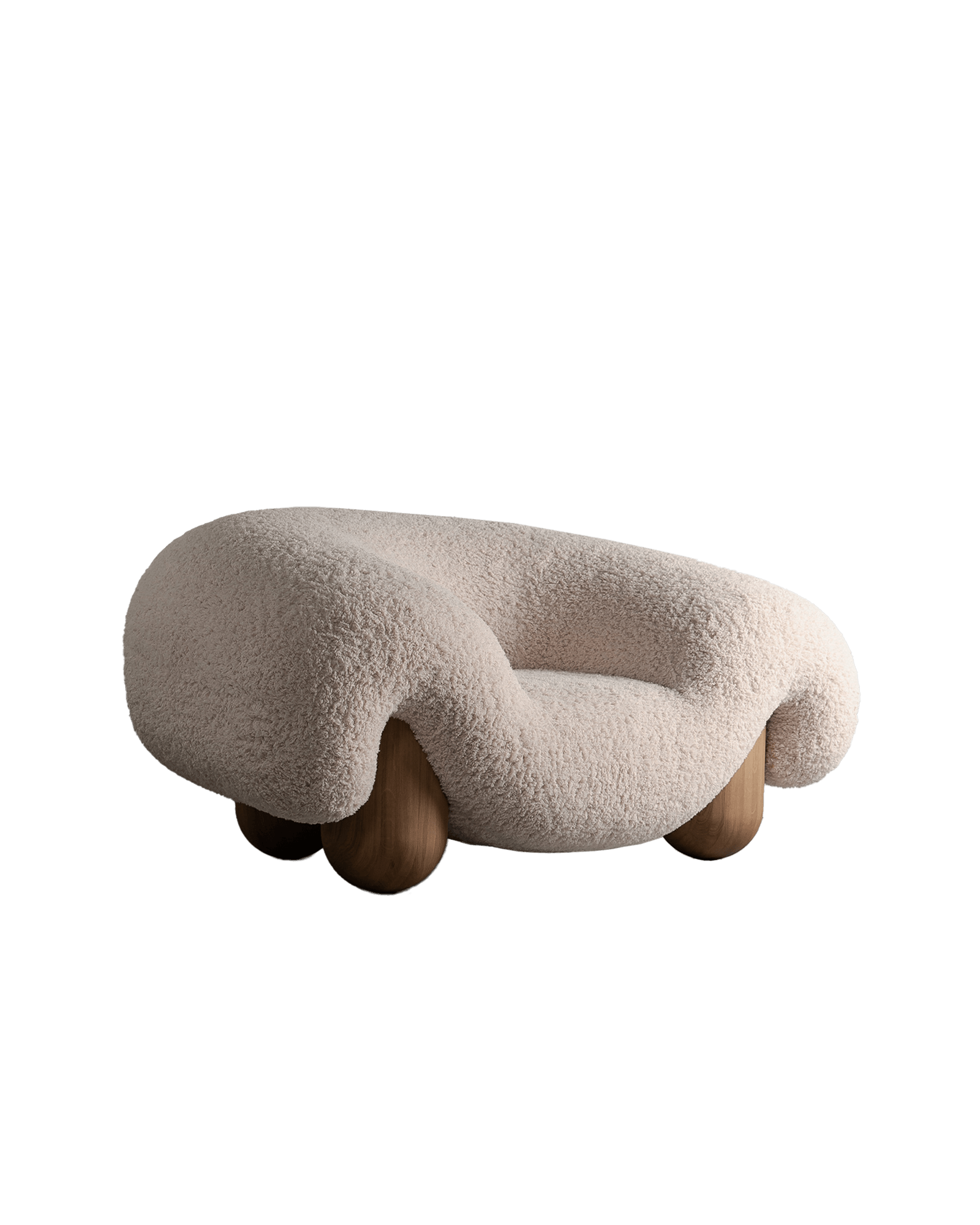Off-white bouclé lounge chair with spherical wood legs, The Lamb collection by Vova Naumov