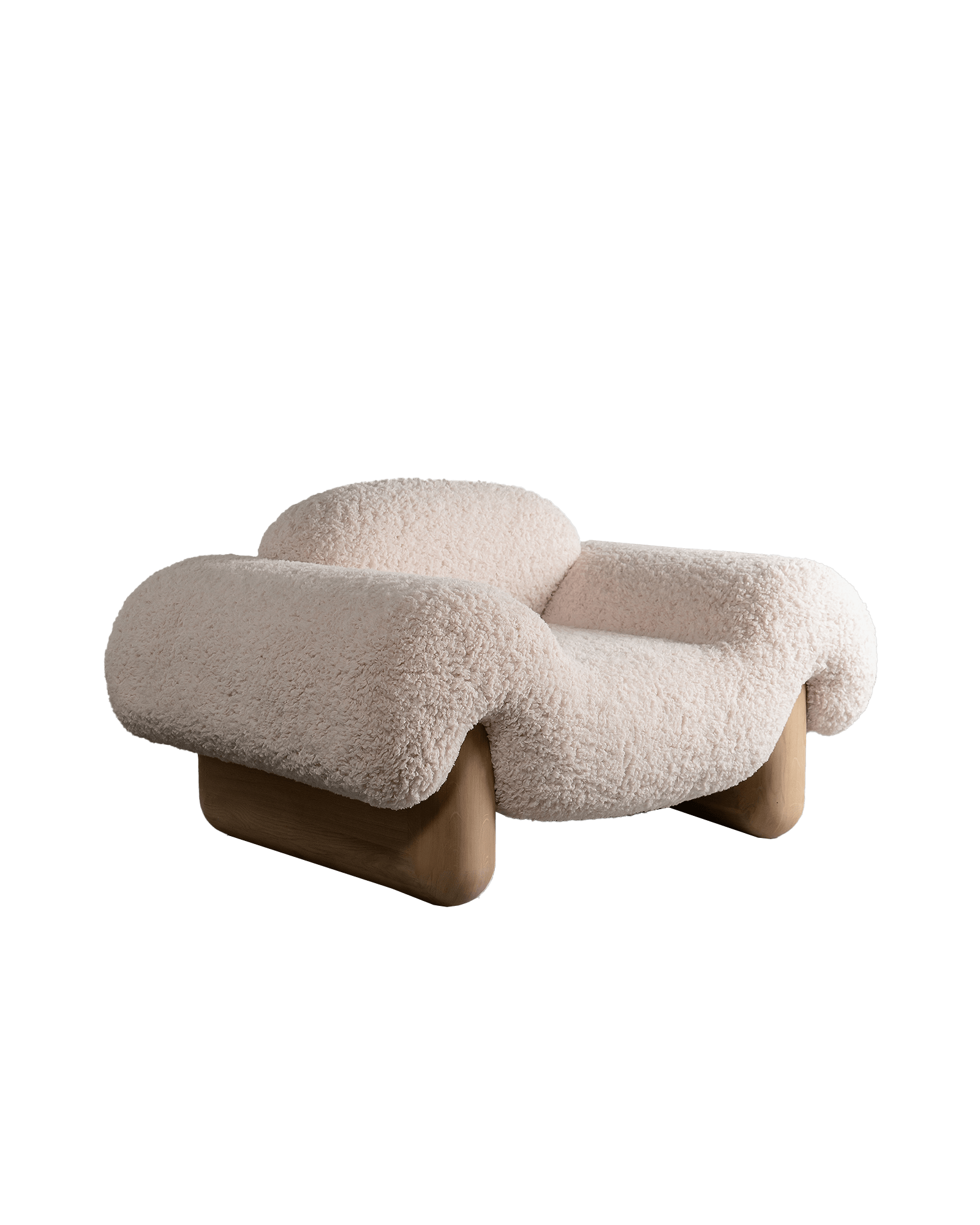 Compact cream bouclé armchair on curved wood base, Little Lamb Chair by Vova Naumov