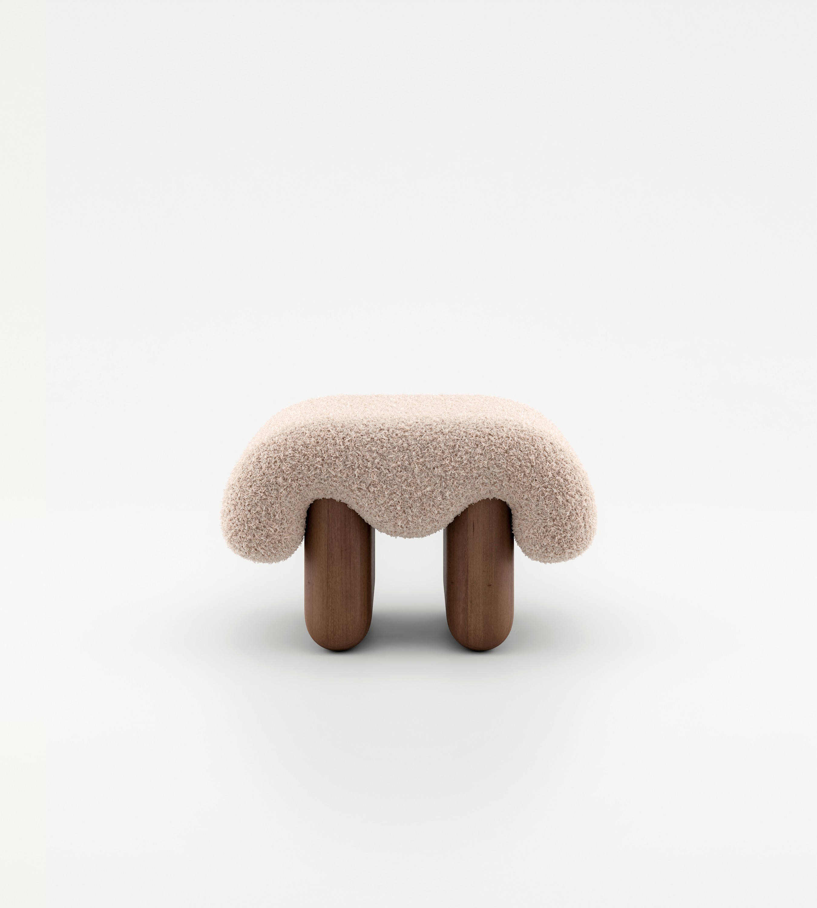 Cream shaggy sculptural pouf with wood legs, Lamb Pouf from The Lamb collection by Vova Naumov