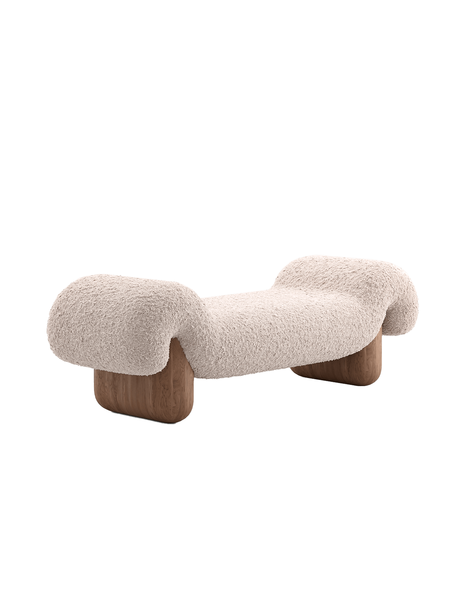 Cream shaggy wave-form ottoman on wood bases, The Lamb collection by Vova Naumov