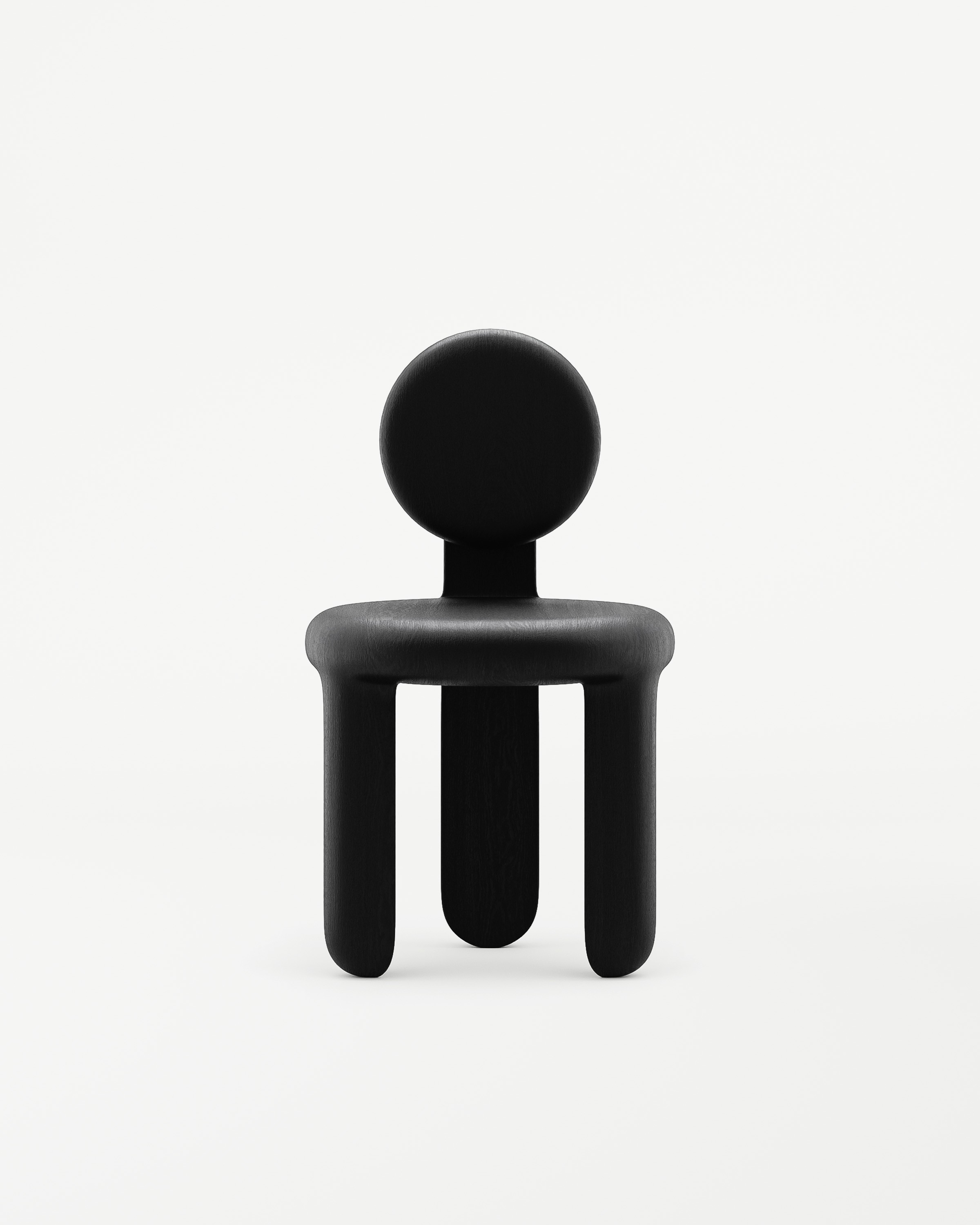 Black sculptural wood chair Do Re Mi, The Lamb collection by Vova Naumov, spherical backrest and curved legs