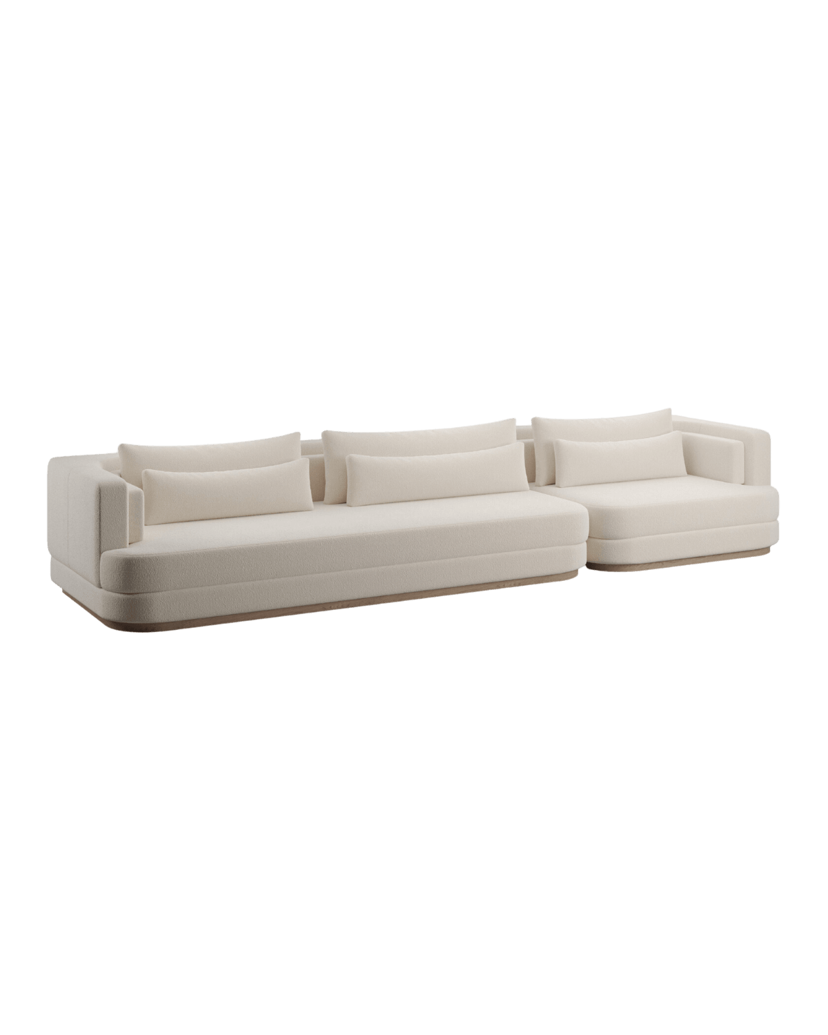 Y Ivy Asy Sofa by Kelly Boukobza - asymmetric modular sofa in off-white bouclette with wood trim, Y. collection