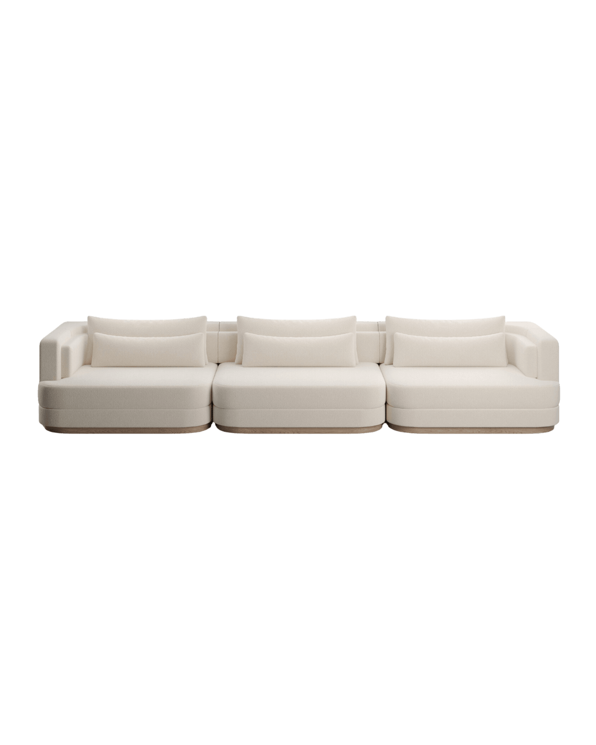 Y Ivy Sofa by Kelly Boukobza - cream bouclette modular sofa on wood plinth, Y. collection