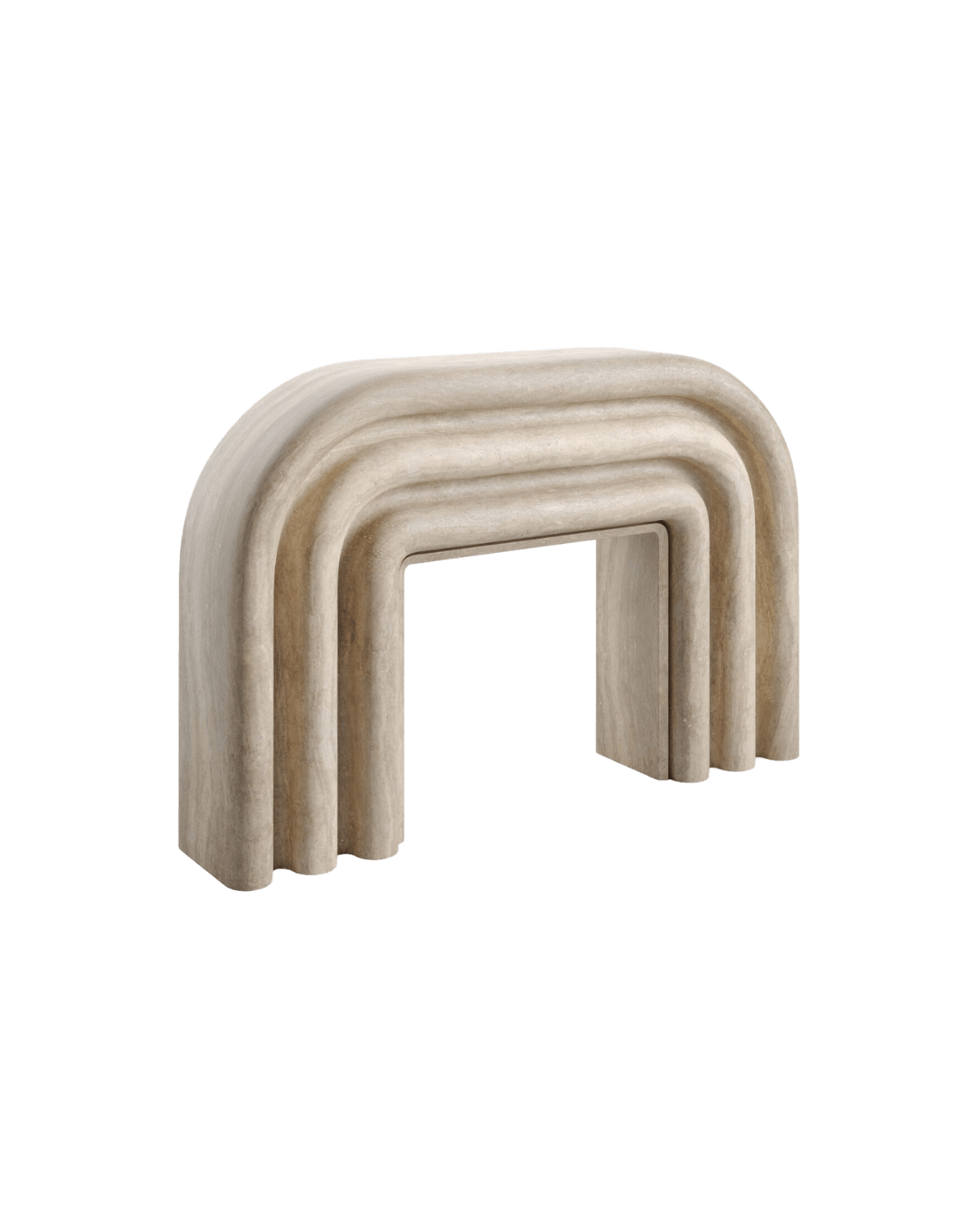 Y Yara Fireplace by Kelly Boukobza – sculptural travertine fireplace, nested arches and fluted stone ends, Y. collection