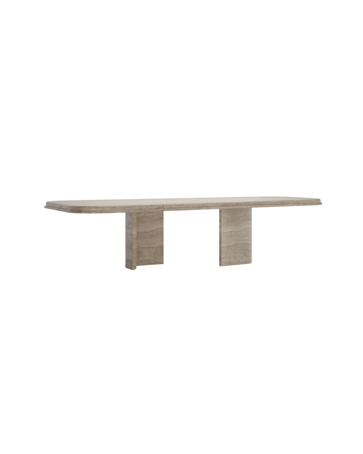 Y Yu Dining Table by Kelly Boukobza – travertine slab dining table, thick stone top on rectangular bases, Y. collection